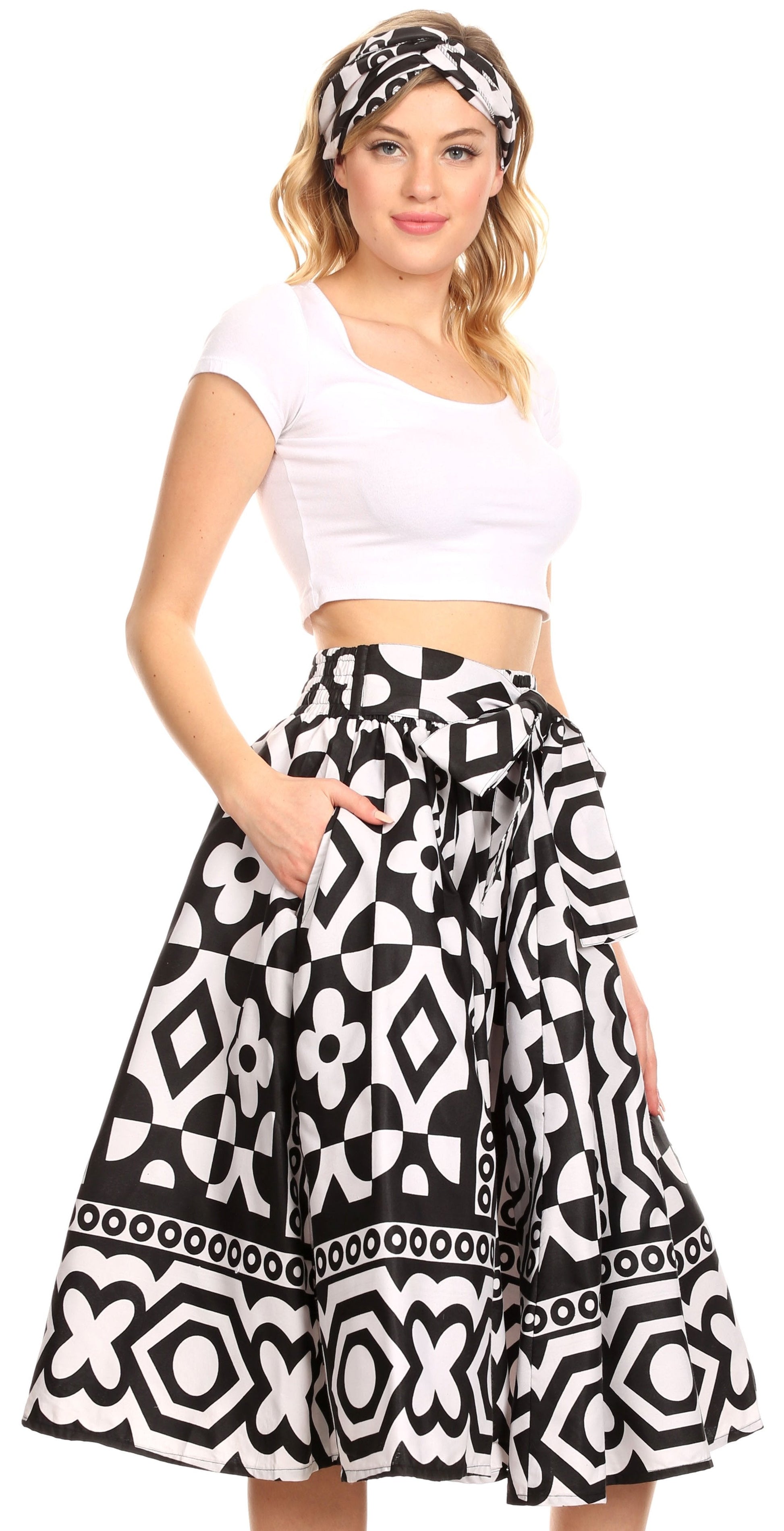 Sakkas Ama Women's Vintage Circle African Ankara Print Midi Skirt with Pockets - Concordia Style Boutique