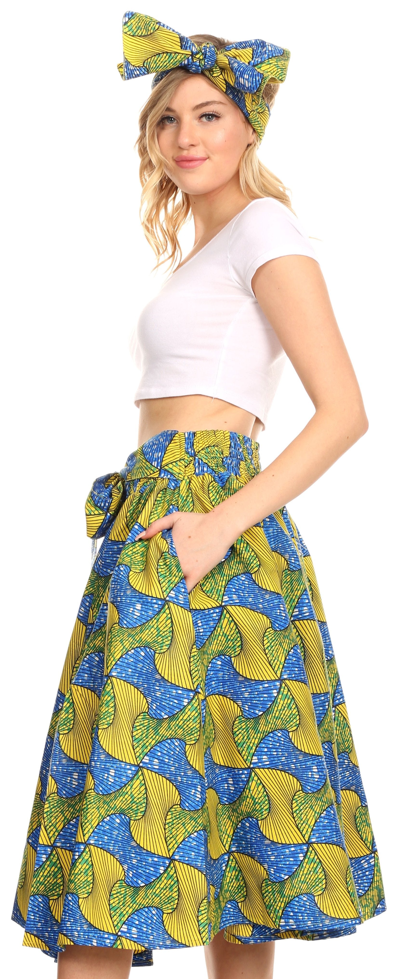 Sakkas Ama Women's Vintage Circle African Ankara Print Midi Skirt with Pockets - Concordia Style Boutique