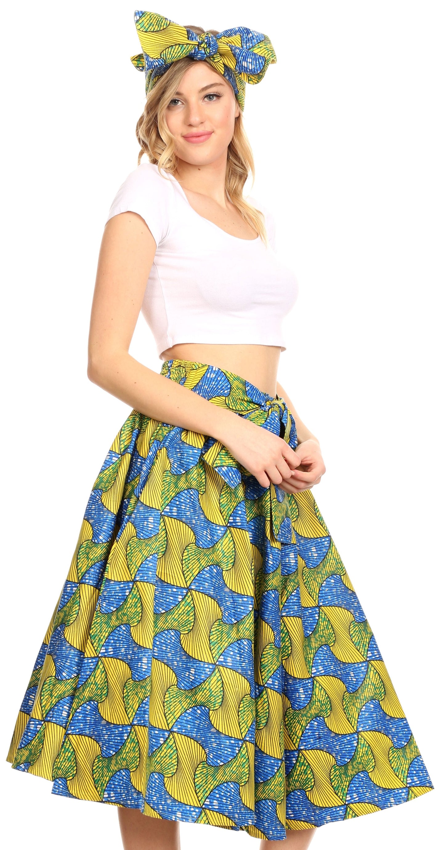 Sakkas Ama Women's Vintage Circle African Ankara Print Midi Skirt with Pockets - Concordia Style Boutique
