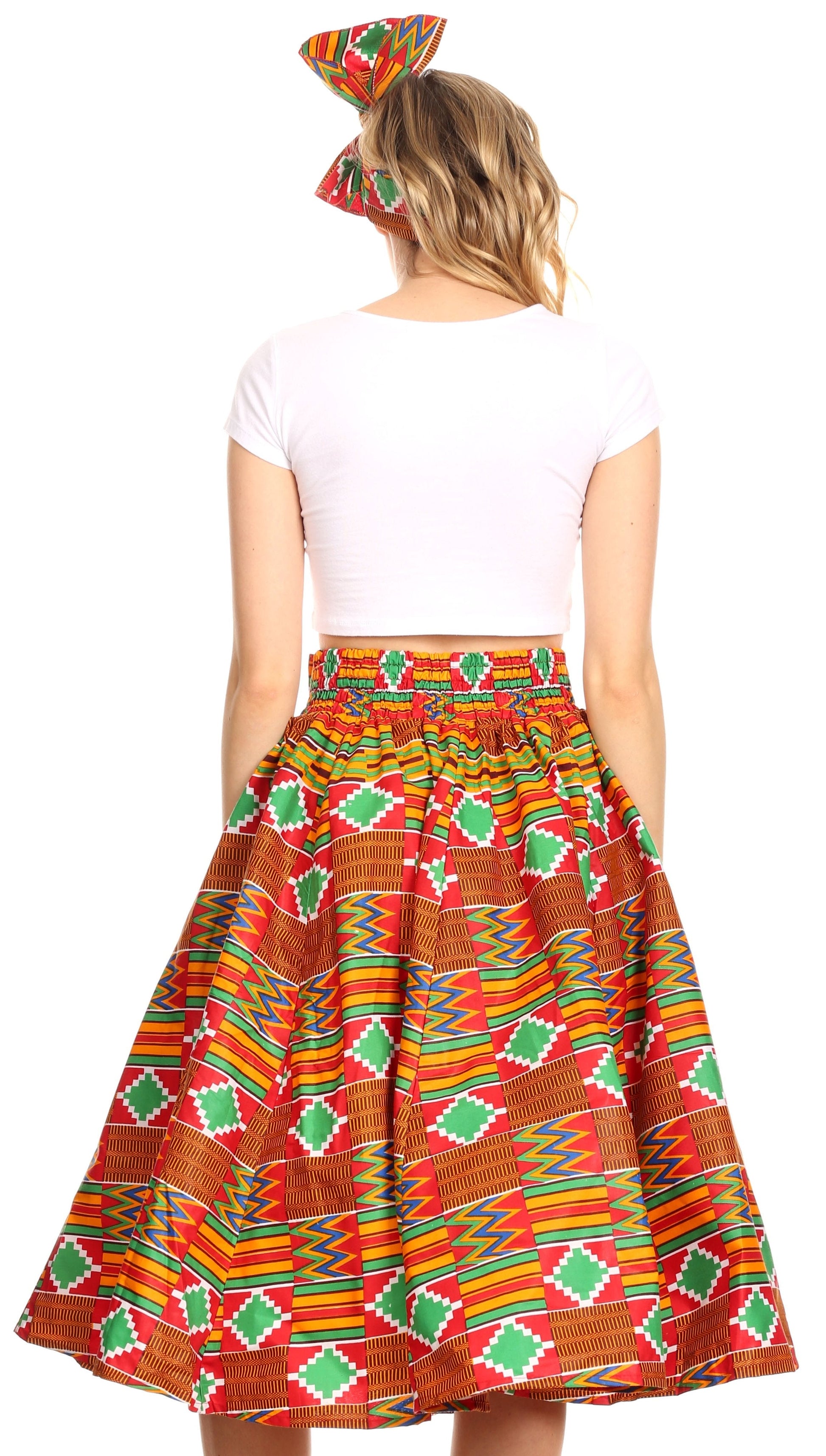 Sakkas Ama Women's Vintage Circle African Ankara Print Midi Skirt with Pockets - Concordia Style Boutique