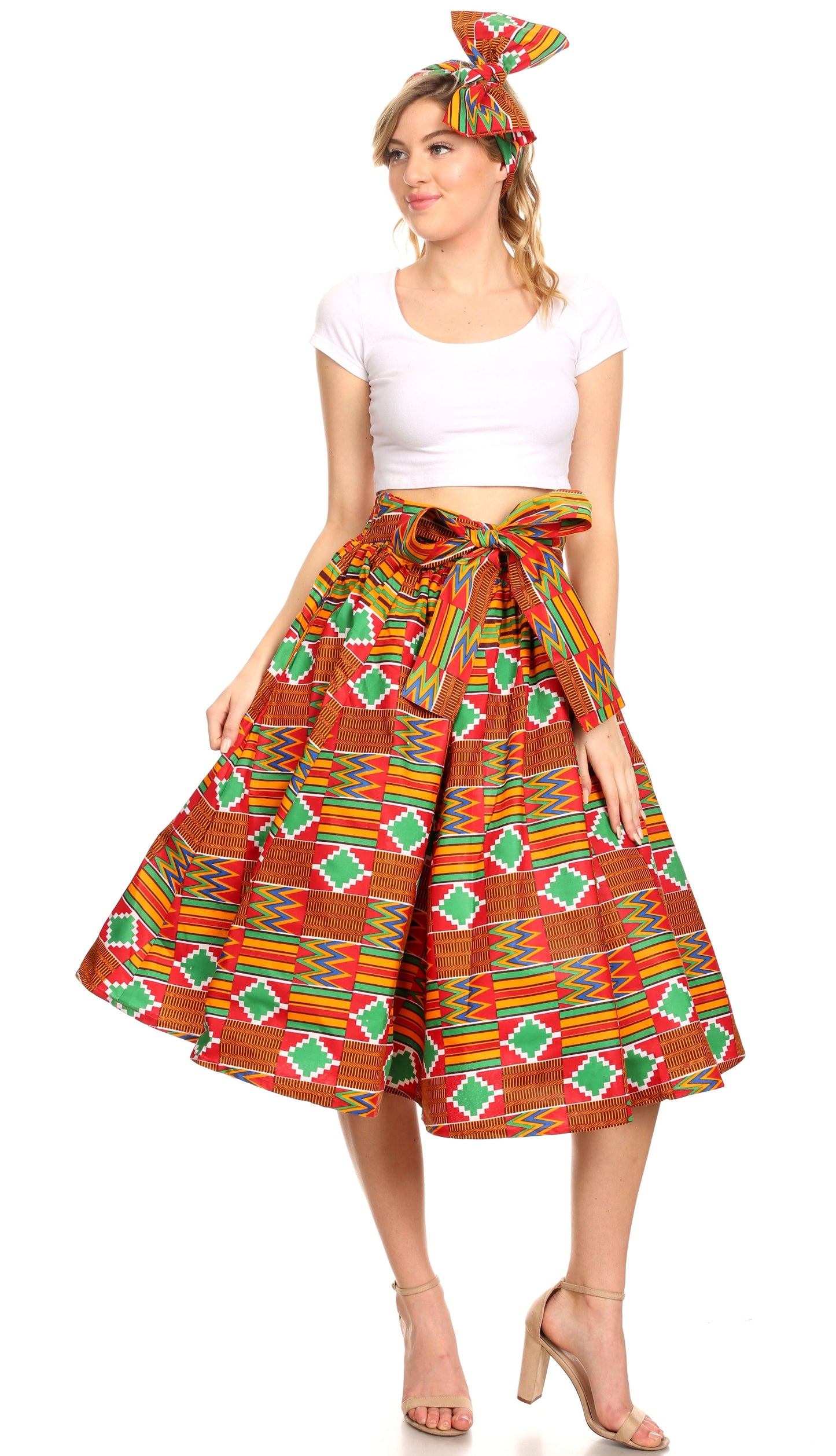 Sakkas Ama Women's Vintage Circle African Ankara Print Midi Skirt with Pockets - Concordia Style Boutique