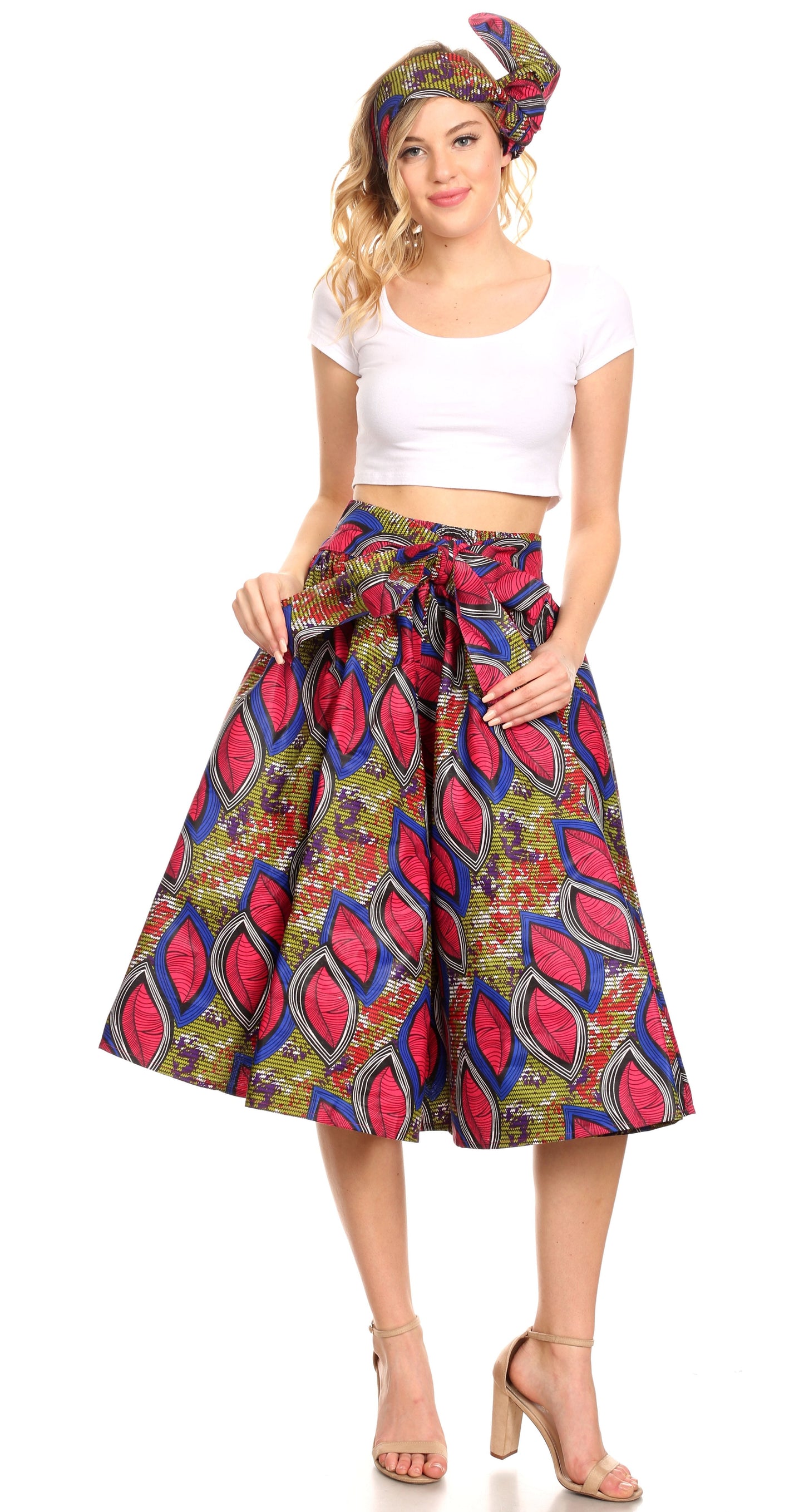 Sakkas Ama Women's Vintage Circle African Ankara Print Midi Skirt with Pockets - Concordia Style Boutique