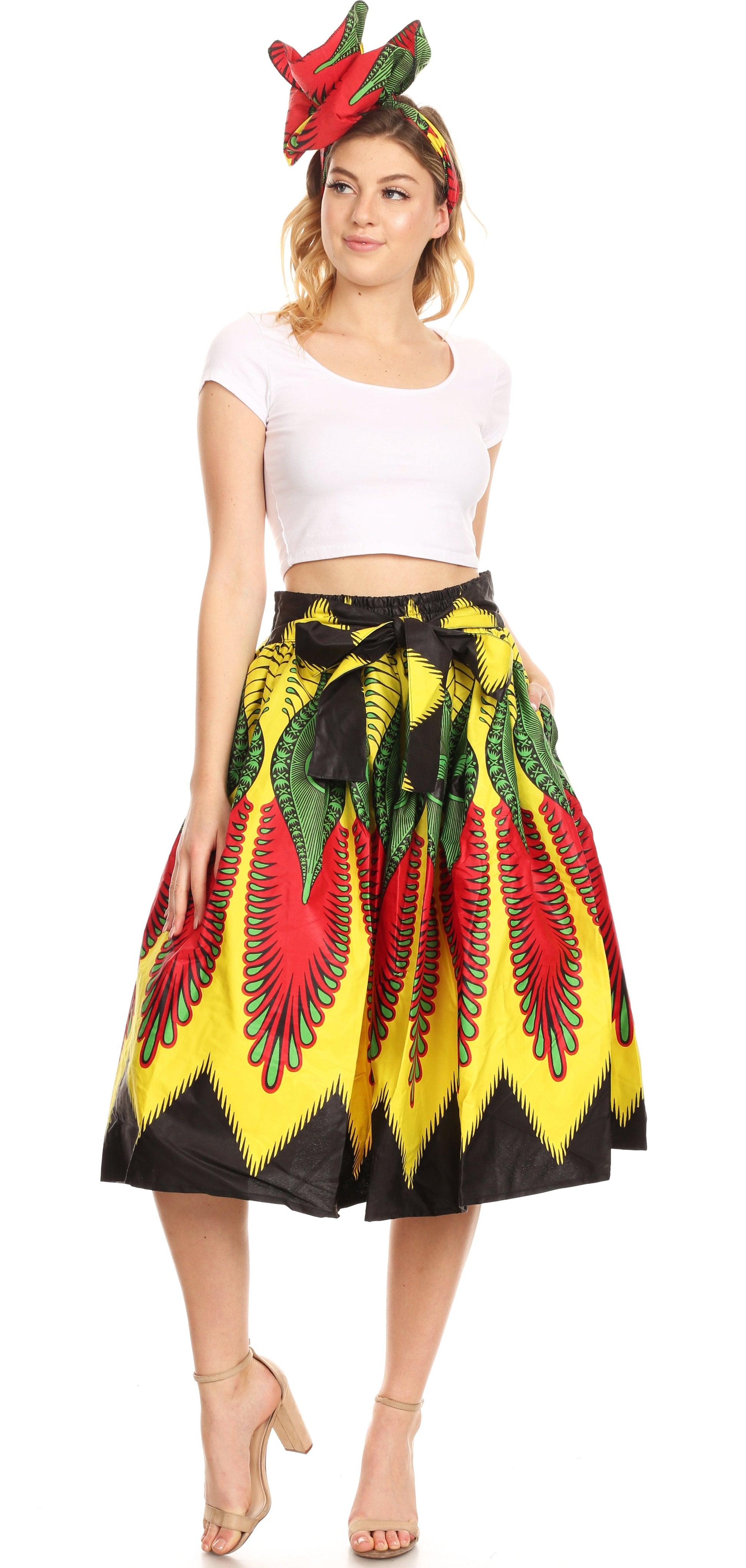 Sakkas Ama Women's Vintage Circle African Ankara Print Midi Skirt with Pockets - Concordia Style Boutique