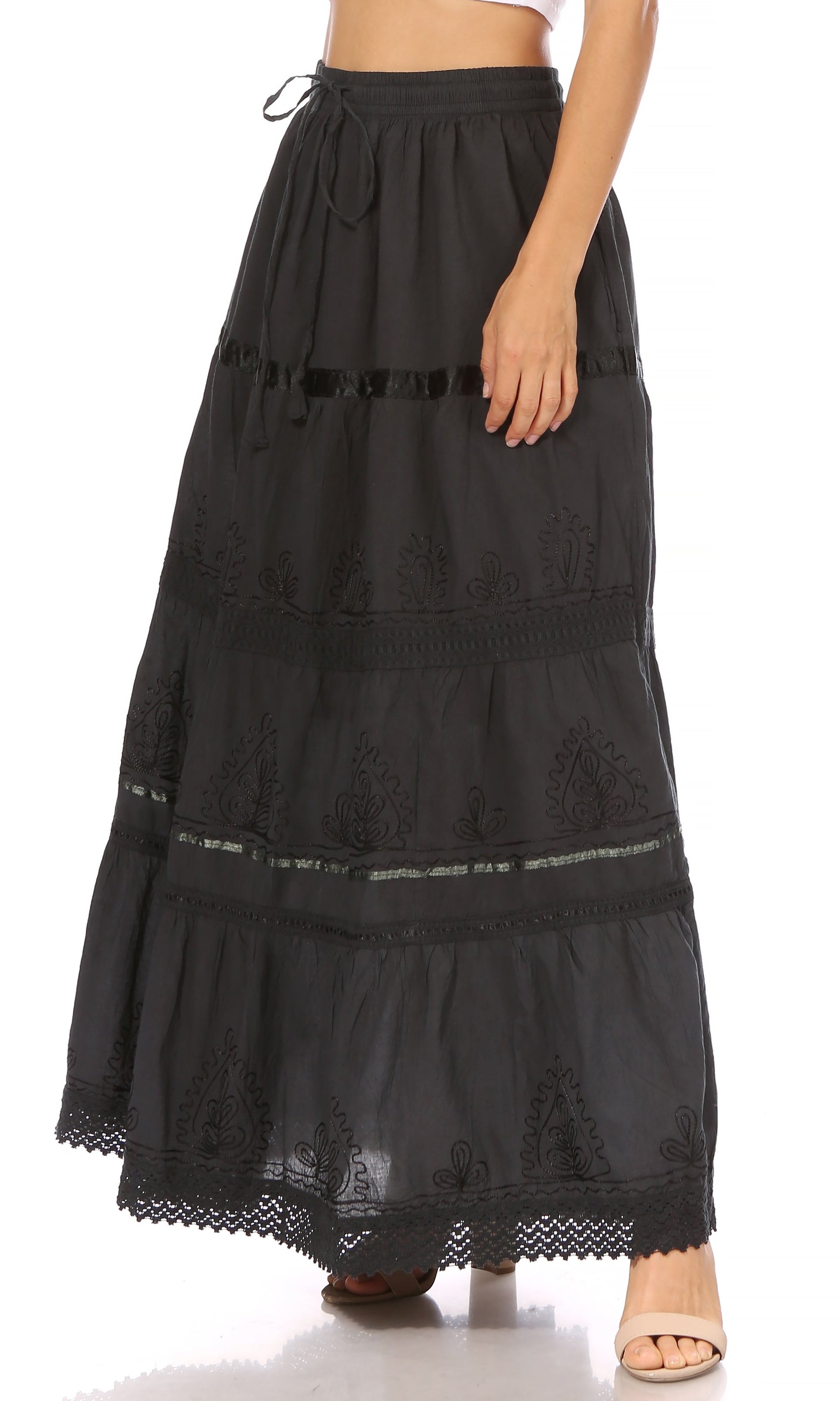 Sakkas Solid Embroidered Gypsy / Bohemian Full / Maxi / Long Cotton Skirt - Concordia Style Boutique