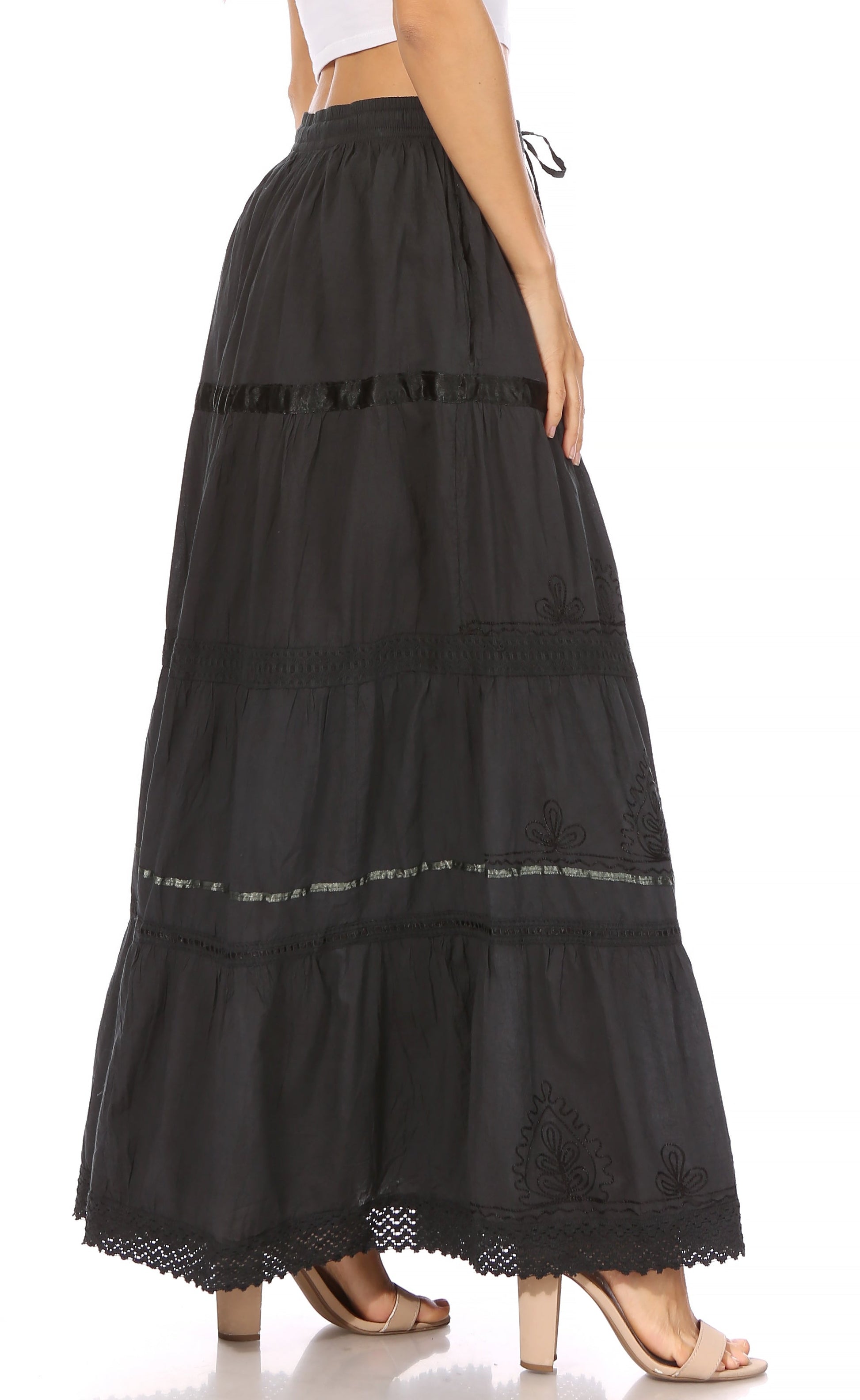 Sakkas Solid Embroidered Gypsy / Bohemian Full / Maxi / Long Cotton Skirt - Concordia Style Boutique