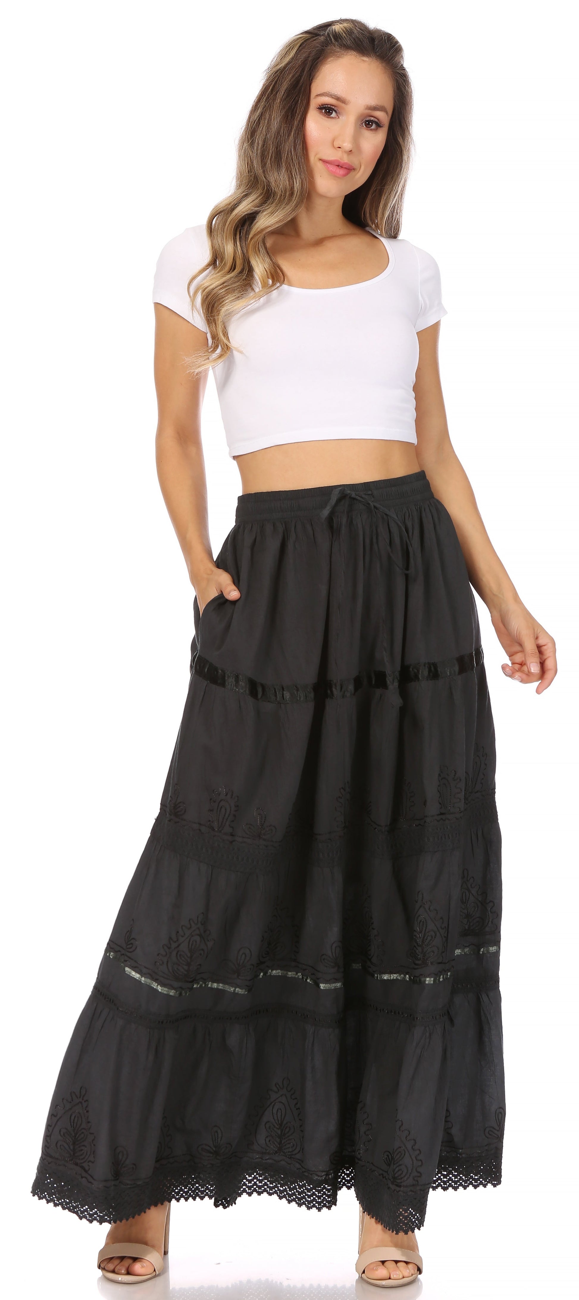 Sakkas Solid Embroidered Gypsy / Bohemian Full / Maxi / Long Cotton Skirt - Concordia Style Boutique