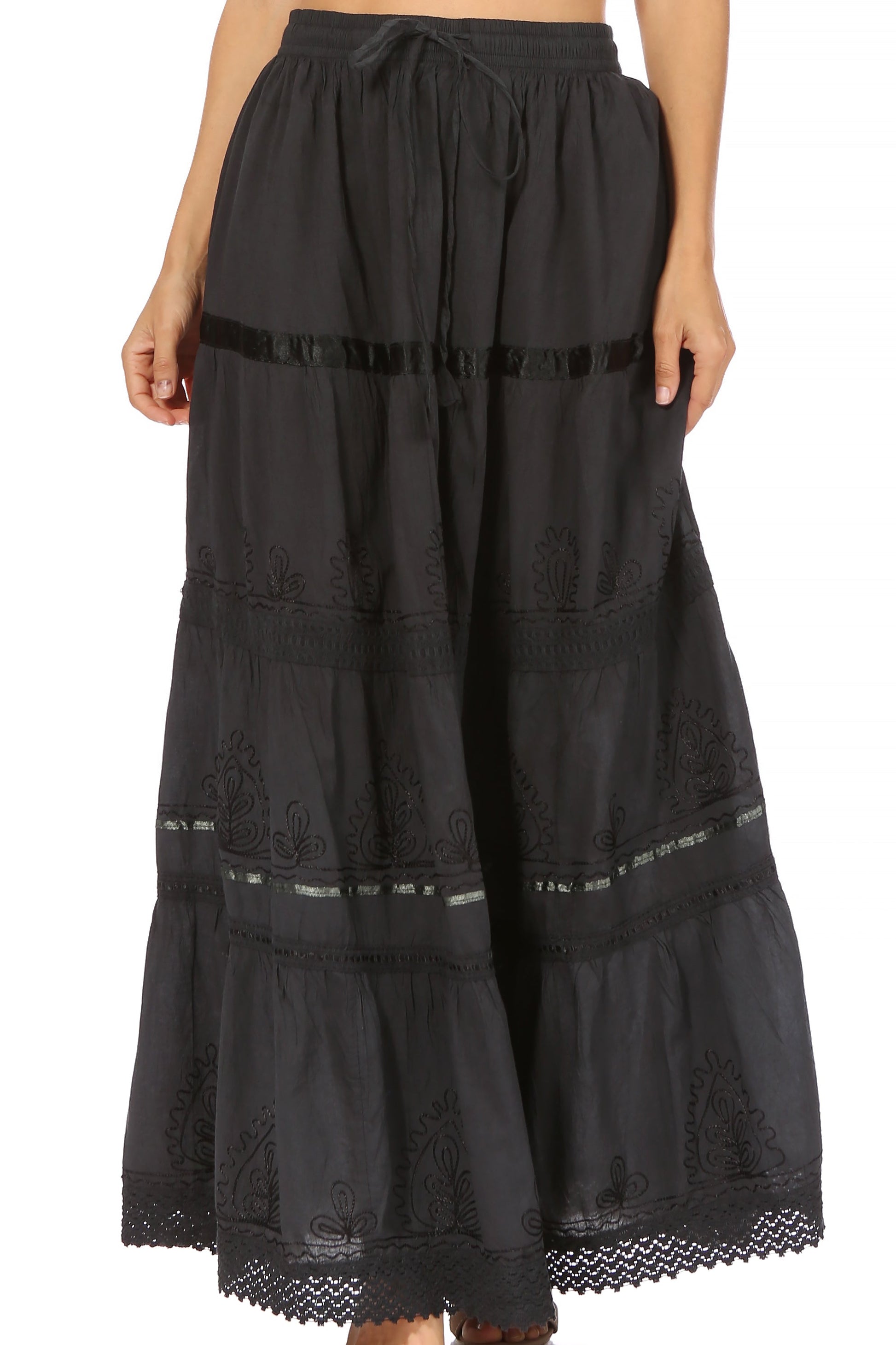 Sakkas Solid Embroidered Gypsy / Bohemian Full / Maxi / Long Cotton Skirt - Concordia Style Boutique