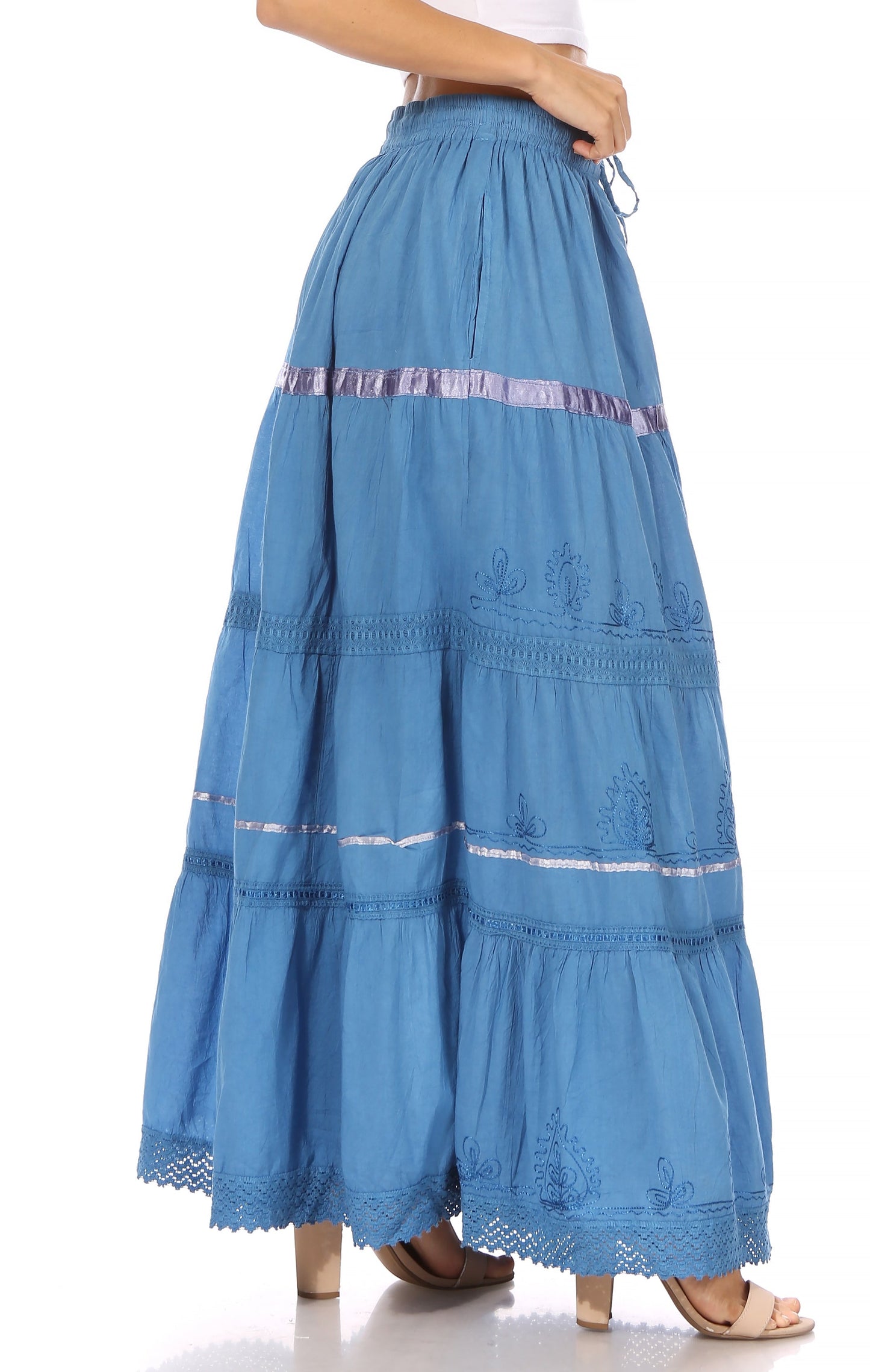 Sakkas Solid Embroidered Gypsy / Bohemian Full / Maxi / Long Cotton Skirt - Concordia Style Boutique