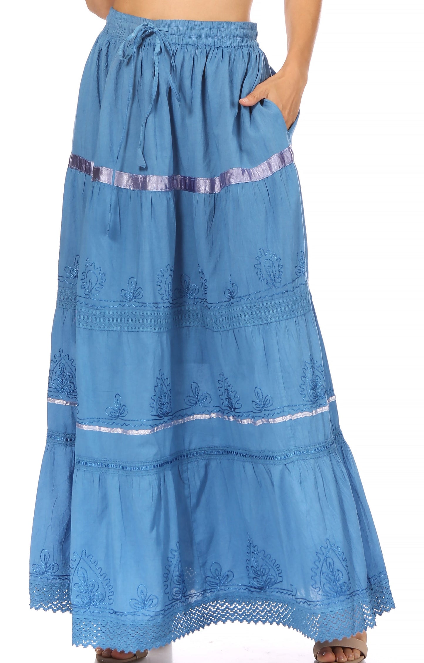 Sakkas Solid Embroidered Gypsy / Bohemian Full / Maxi / Long Cotton Skirt - Concordia Style Boutique