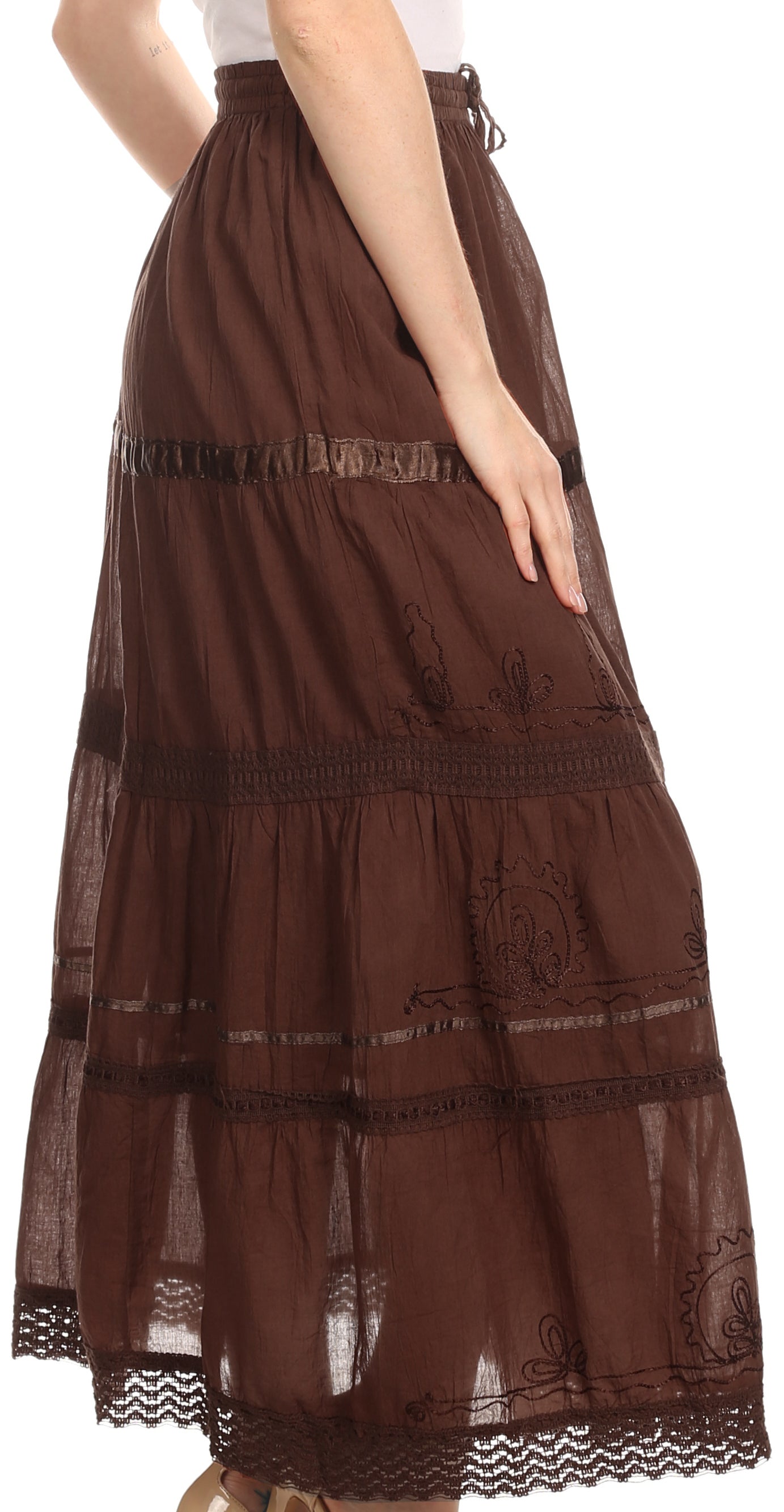 Sakkas Solid Embroidered Gypsy / Bohemian Full / Maxi / Long Cotton Skirt - Concordia Style Boutique