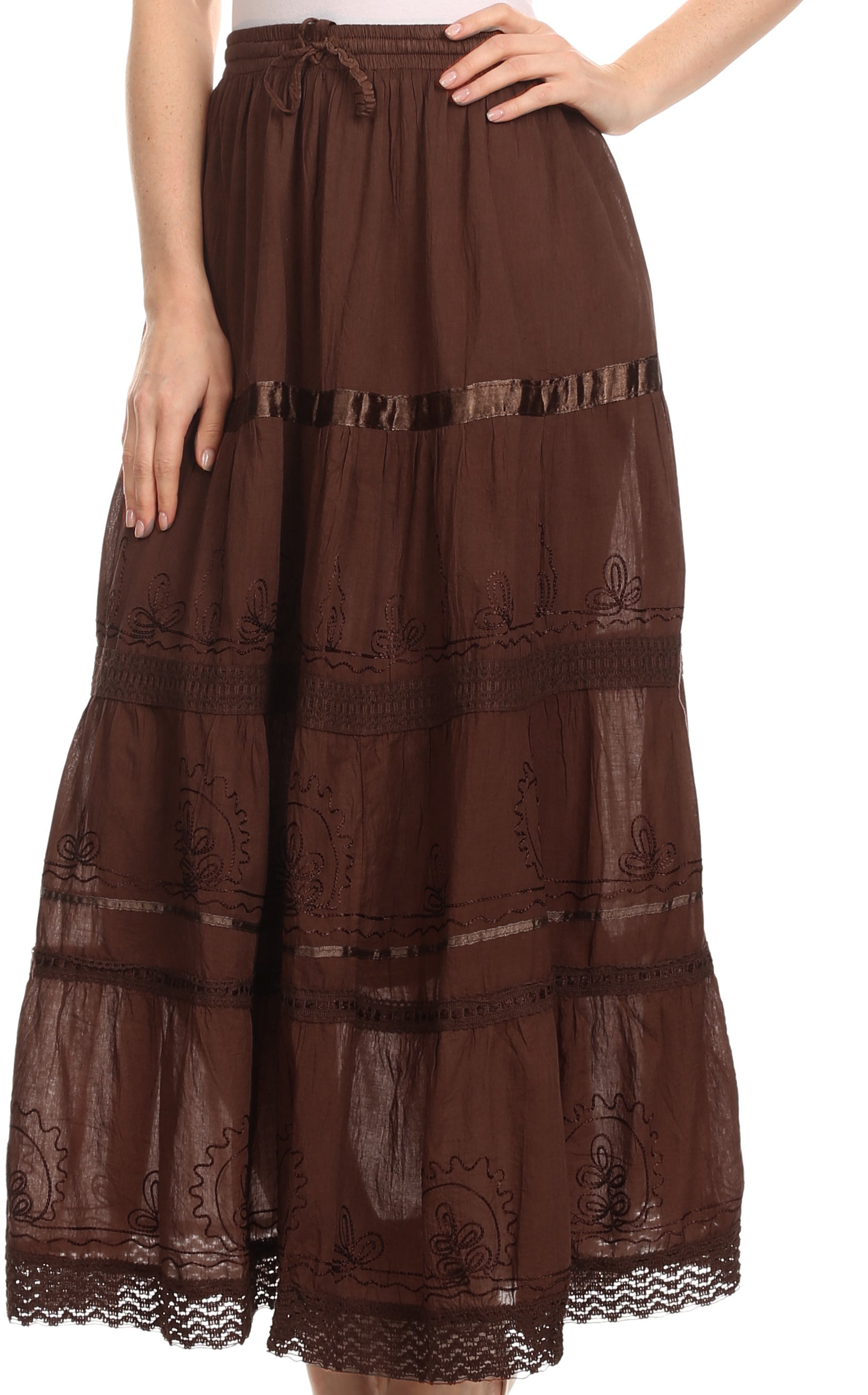 Sakkas Solid Embroidered Gypsy / Bohemian Full / Maxi / Long Cotton Skirt - Concordia Style Boutique