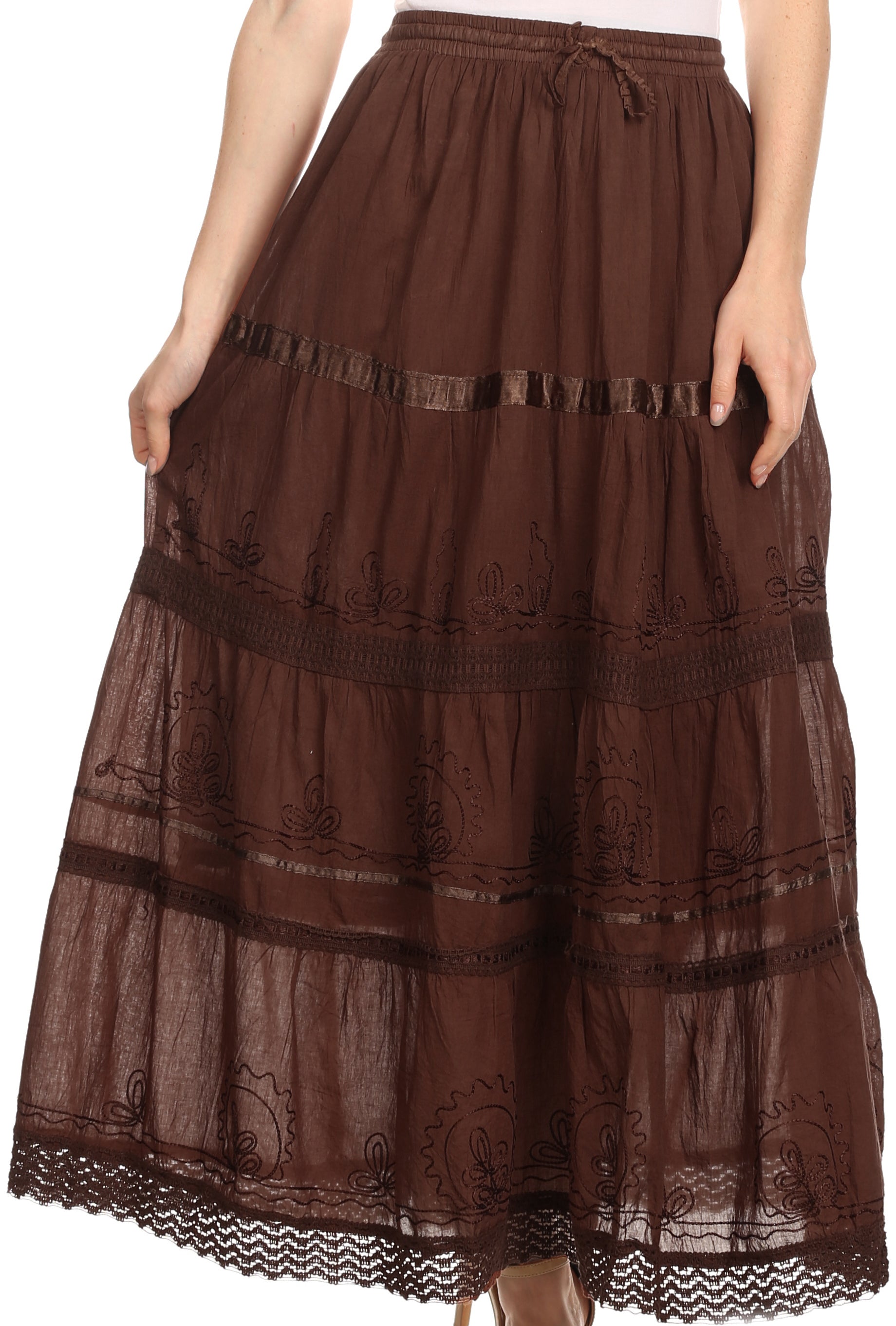 Sakkas Solid Embroidered Gypsy / Bohemian Full / Maxi / Long Cotton Skirt - Concordia Style Boutique