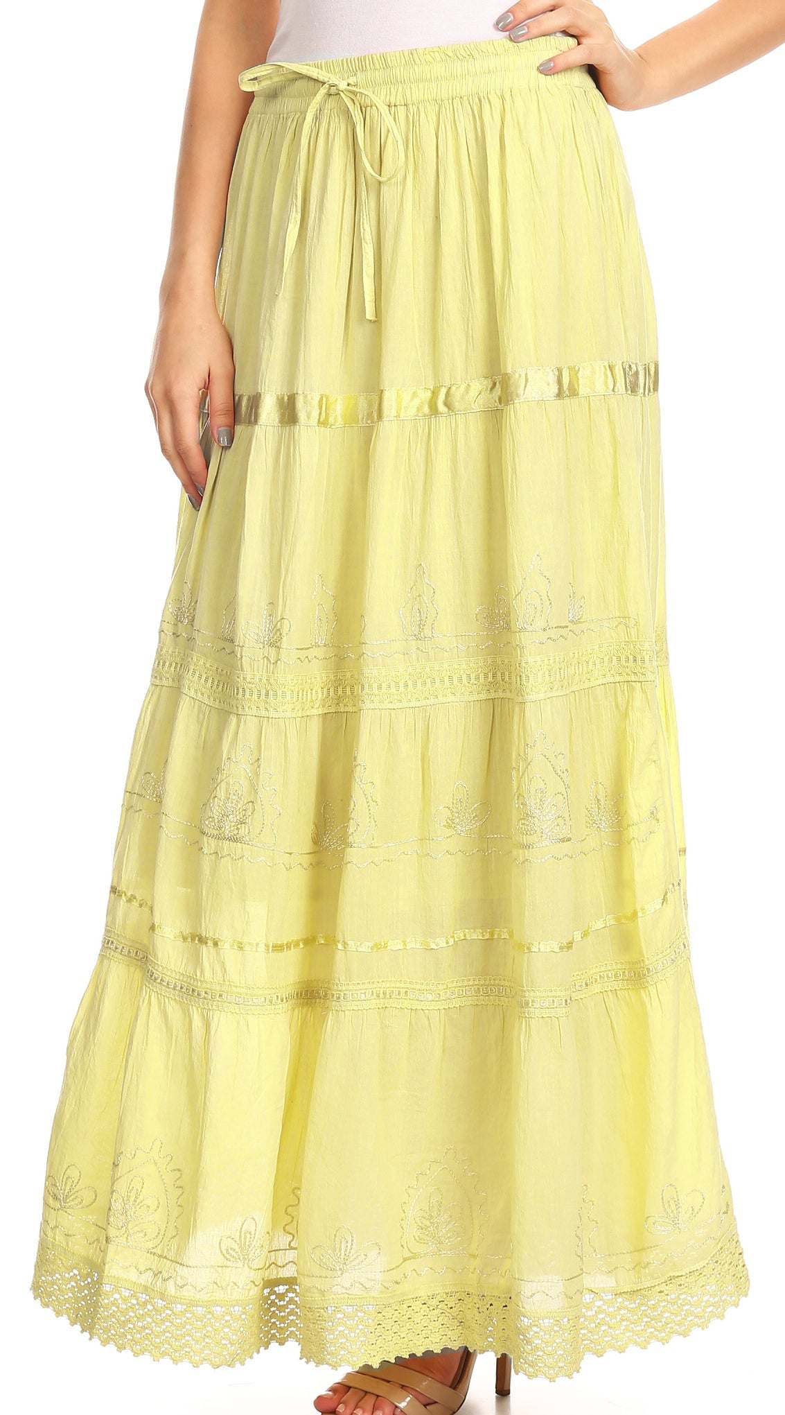 Sakkas Solid Embroidered Gypsy / Bohemian Full / Maxi / Long Cotton Skirt - Concordia Style Boutique