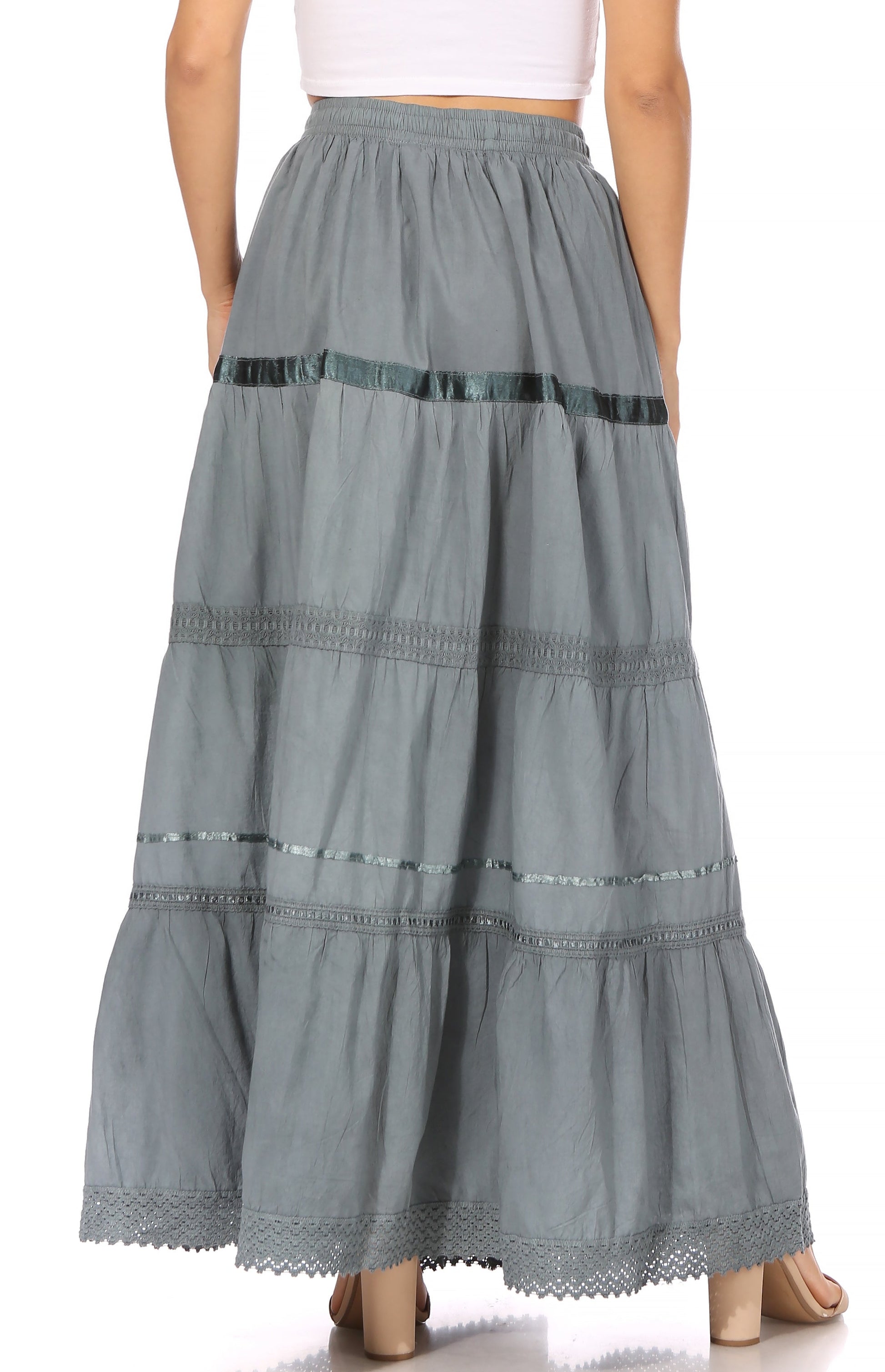 Sakkas Solid Embroidered Gypsy / Bohemian Full / Maxi / Long Cotton Skirt - Concordia Style Boutique