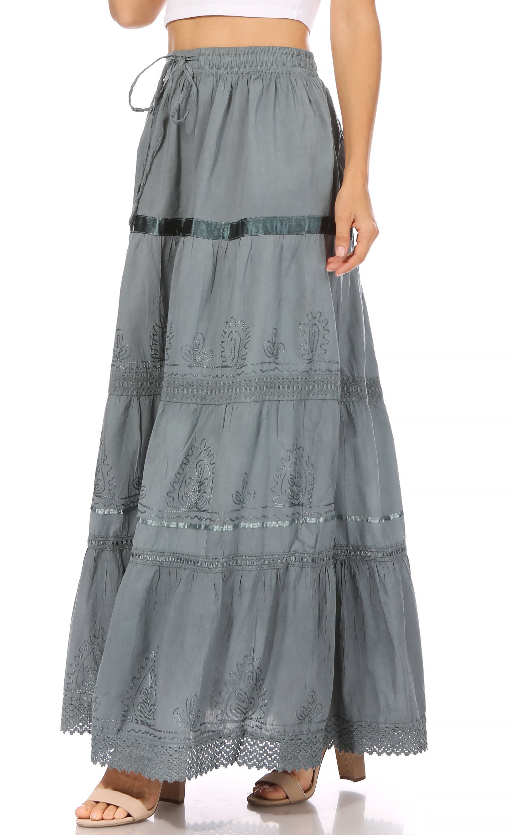 Sakkas Solid Embroidered Gypsy / Bohemian Full / Maxi / Long Cotton Skirt - Concordia Style Boutique