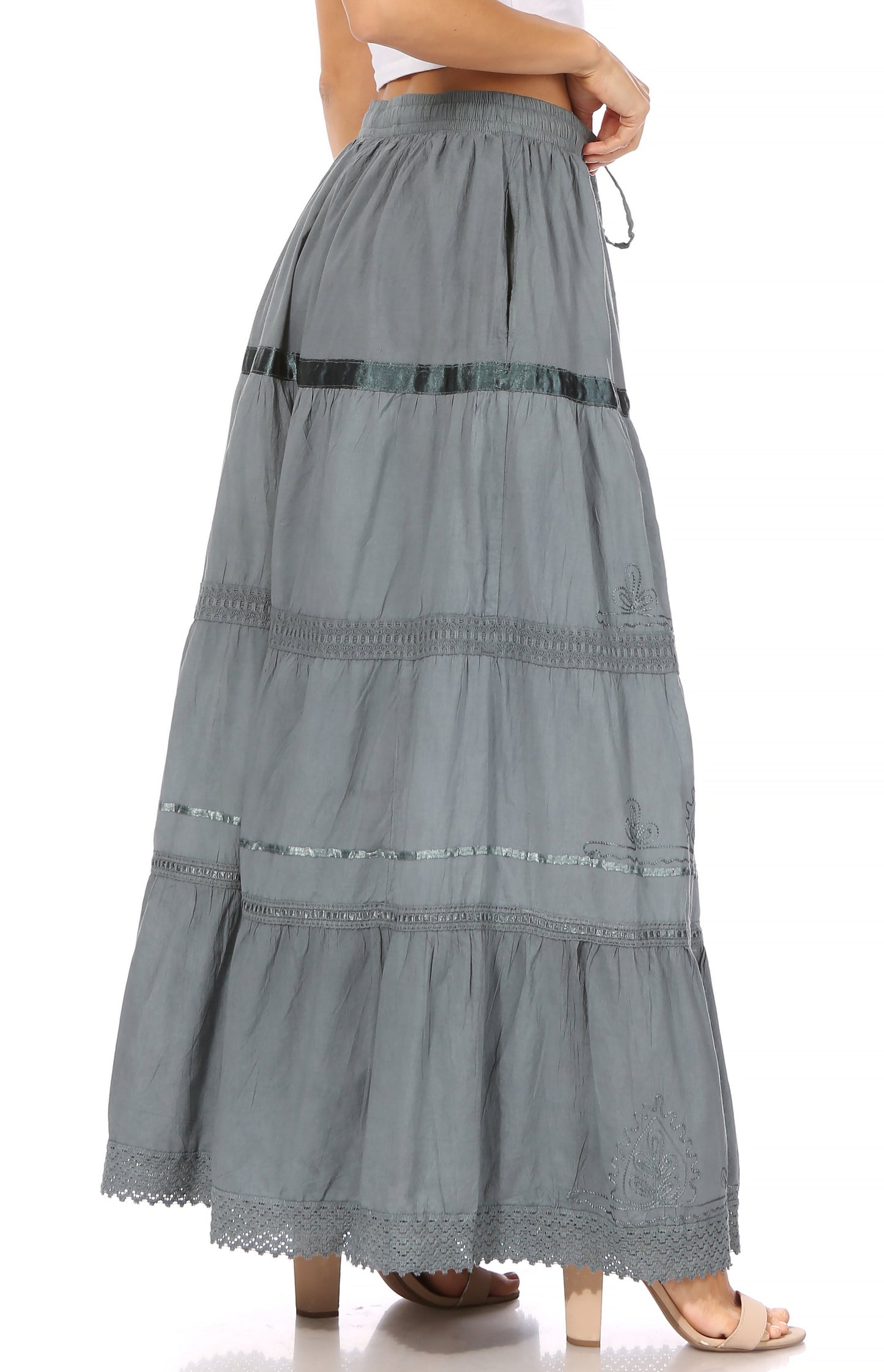Sakkas Solid Embroidered Gypsy / Bohemian Full / Maxi / Long Cotton Skirt - Concordia Style Boutique