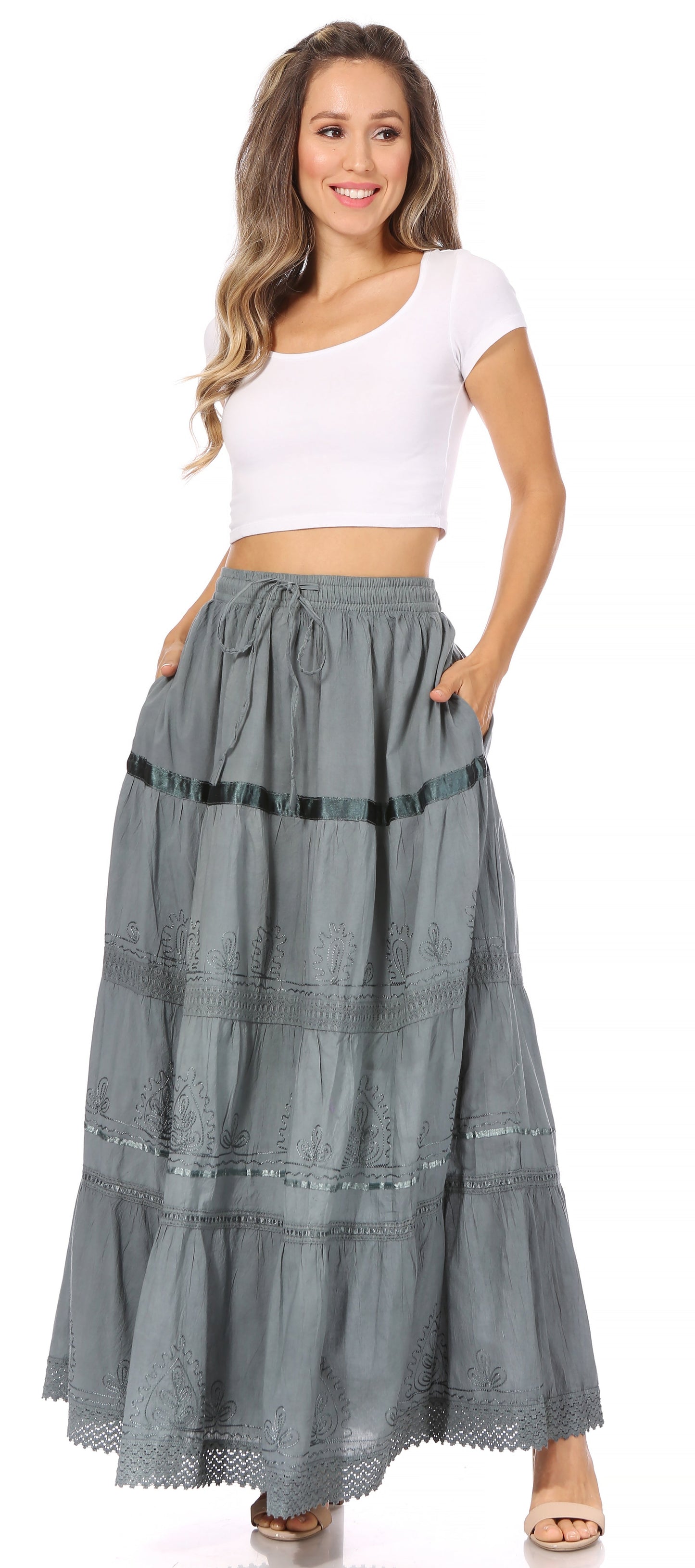 Sakkas Solid Embroidered Gypsy / Bohemian Full / Maxi / Long Cotton Skirt - Concordia Style Boutique