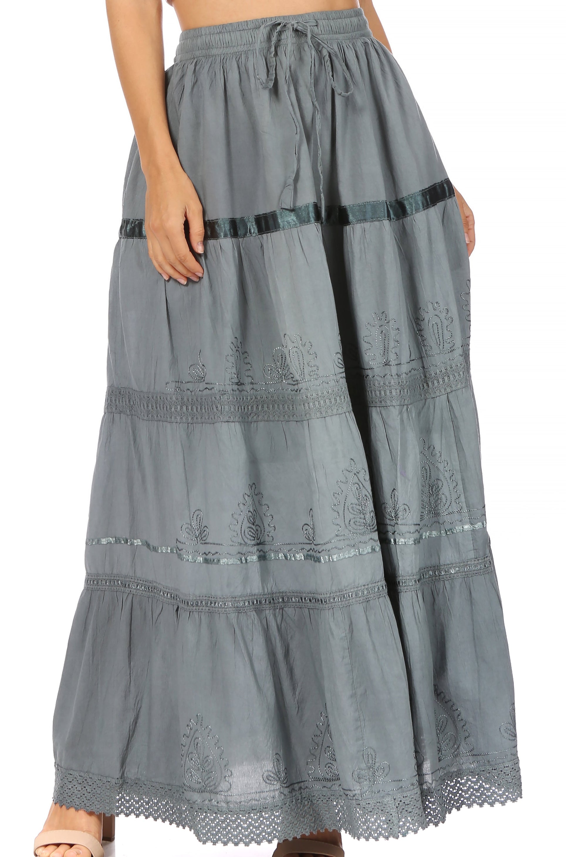 Sakkas Solid Embroidered Gypsy / Bohemian Full / Maxi / Long Cotton Skirt - Concordia Style Boutique