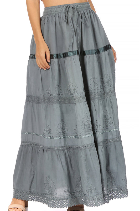 Sakkas Solid Embroidered Gypsy / Bohemian Full / Maxi / Long Cotton Skirt - Concordia Style Boutique
