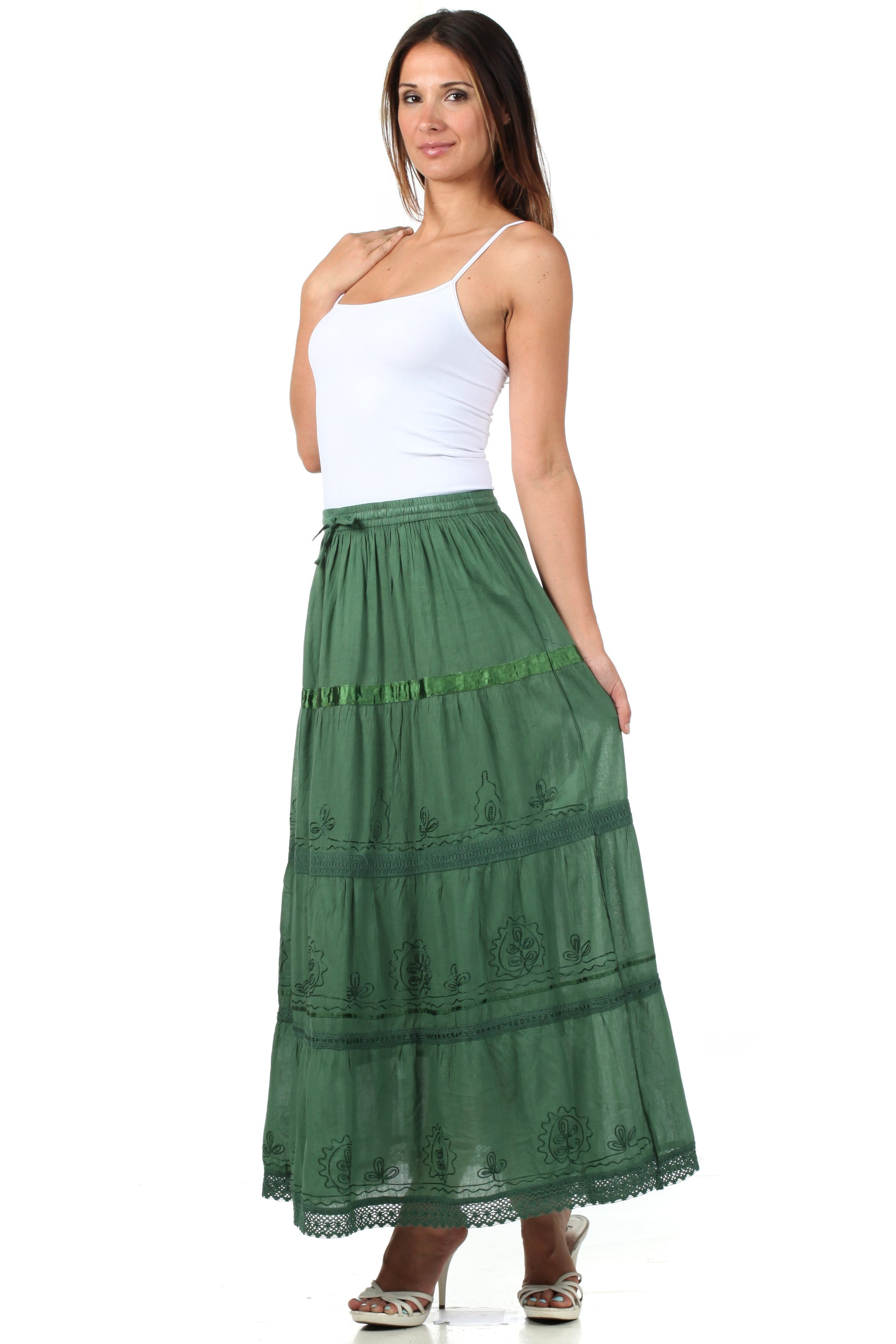 Sakkas Solid Embroidered Gypsy / Bohemian Full / Maxi / Long Cotton Skirt - Concordia Style Boutique