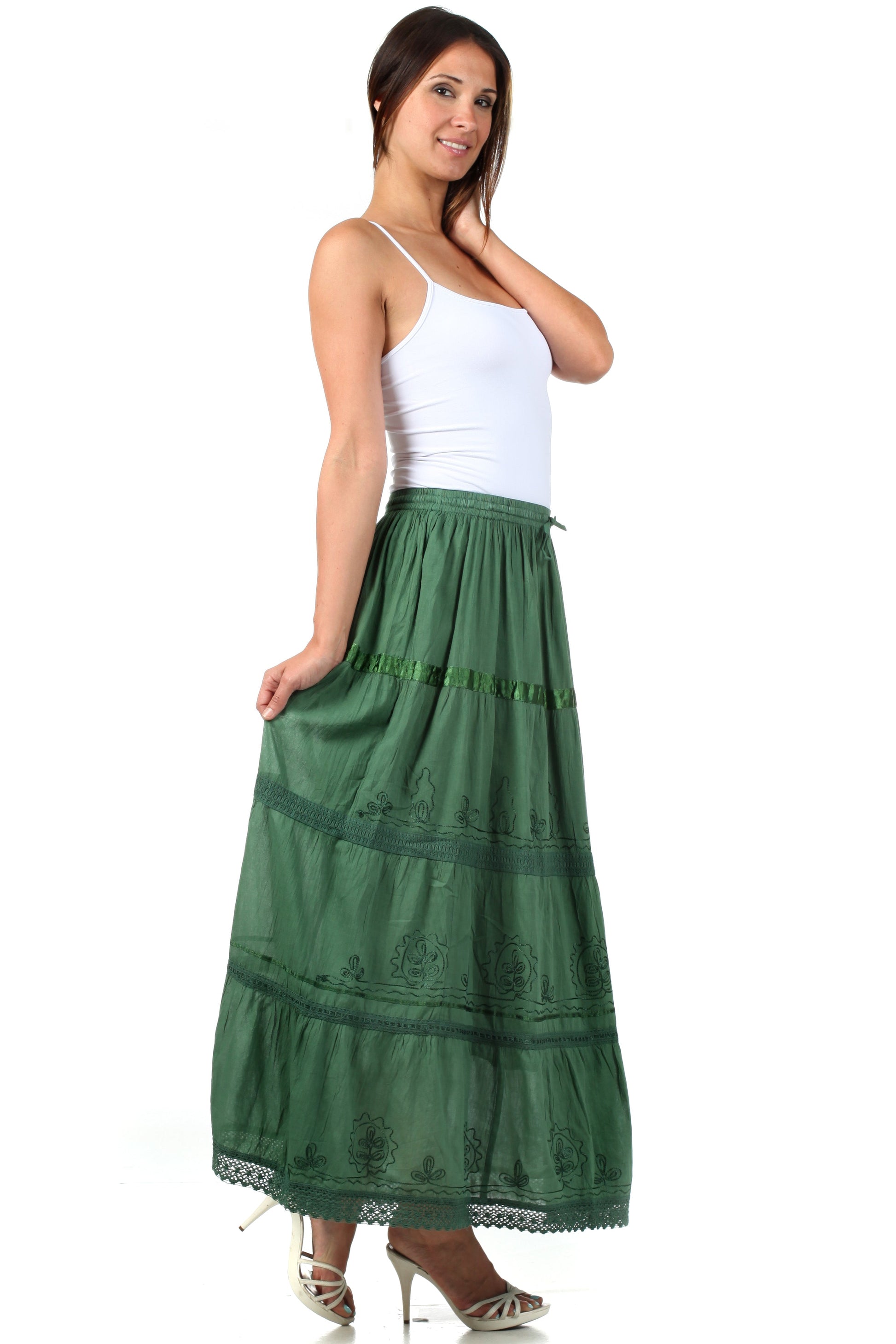 Sakkas Solid Embroidered Gypsy / Bohemian Full / Maxi / Long Cotton Skirt - Concordia Style Boutique