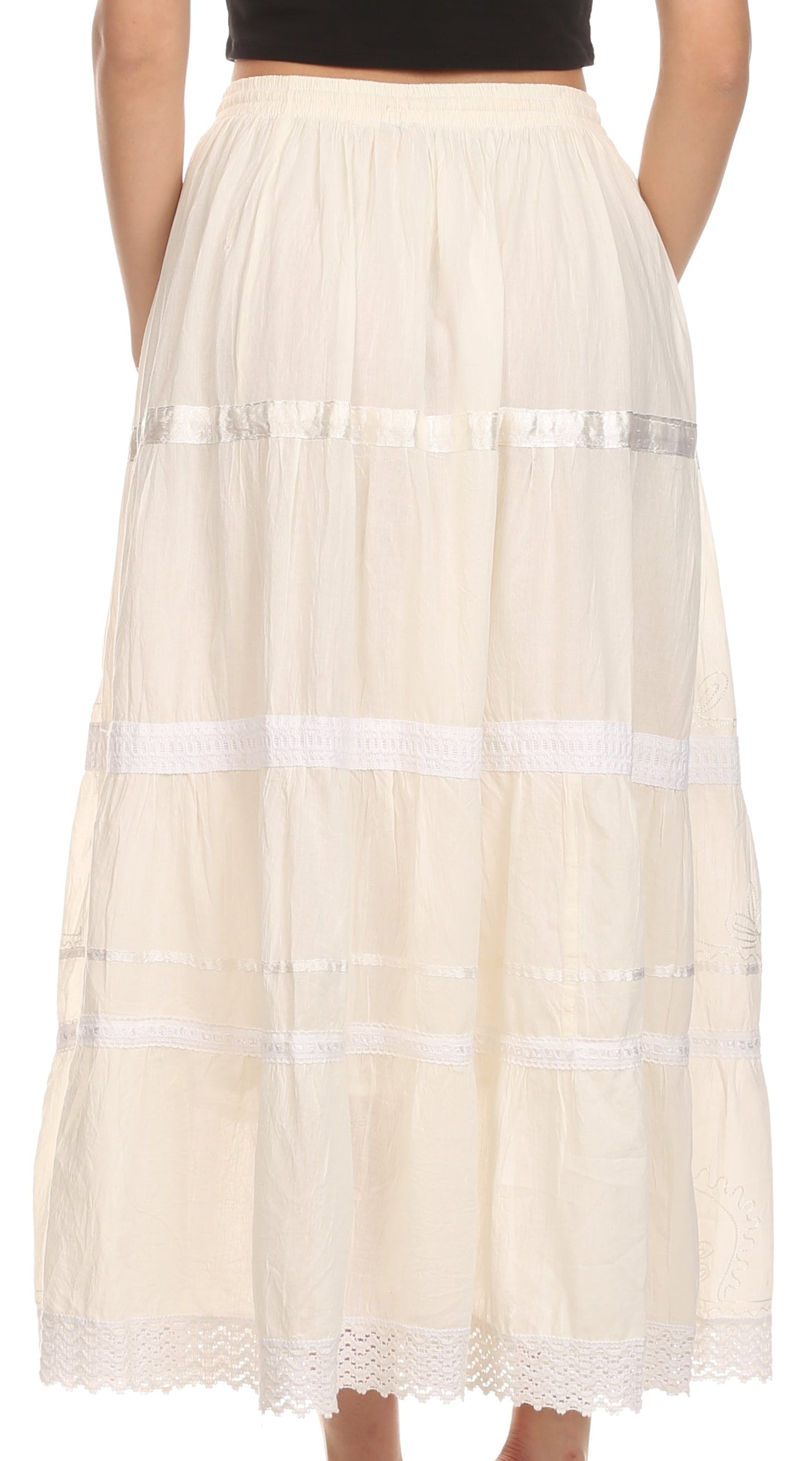 Sakkas Solid Embroidered Gypsy / Bohemian Full / Maxi / Long Cotton Skirt - Concordia Style Boutique