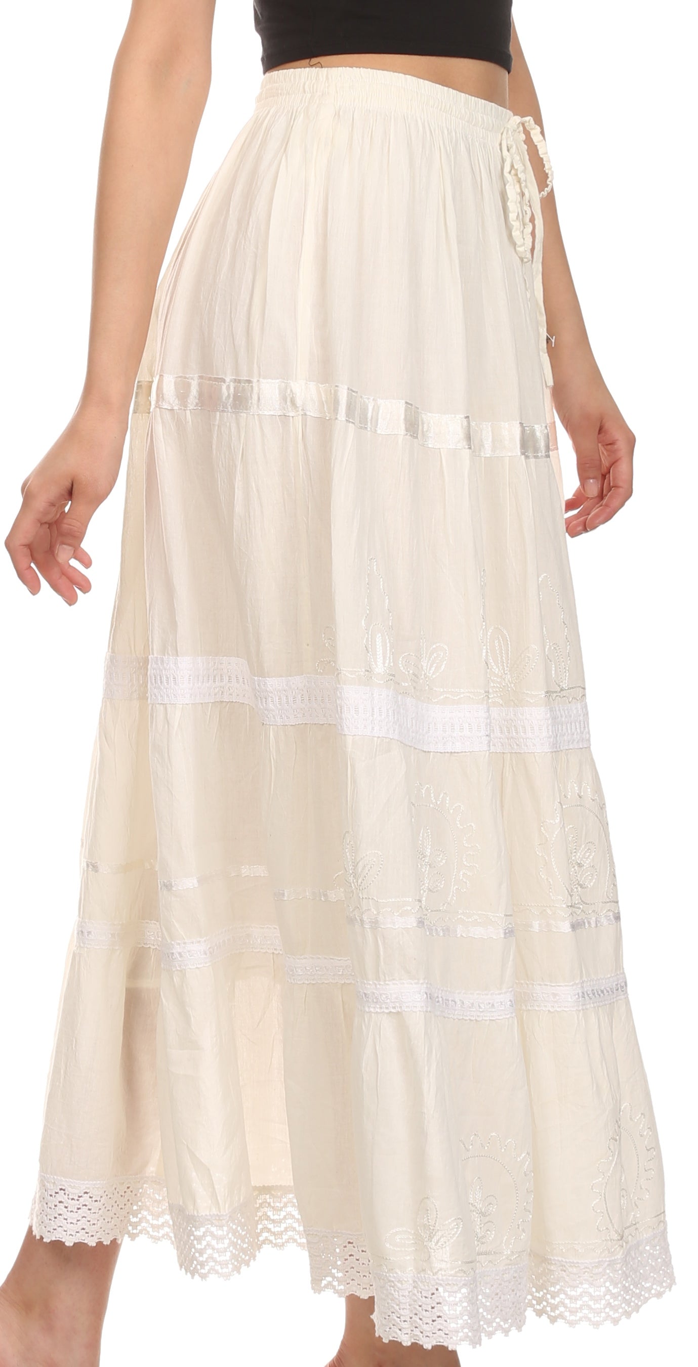 Sakkas Solid Embroidered Gypsy / Bohemian Full / Maxi / Long Cotton Skirt - Concordia Style Boutique