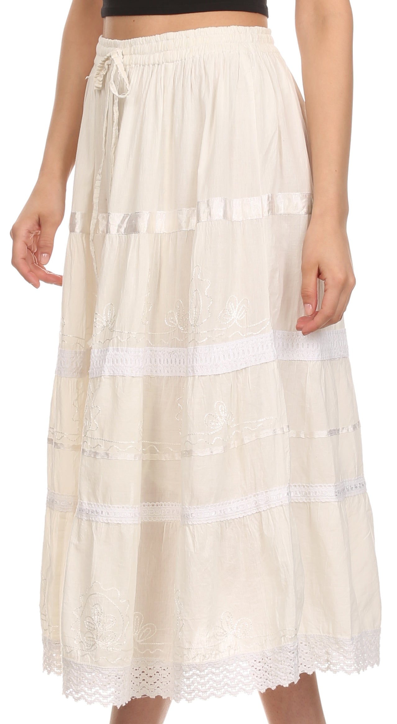 Sakkas Solid Embroidered Gypsy / Bohemian Full / Maxi / Long Cotton Skirt - Concordia Style Boutique