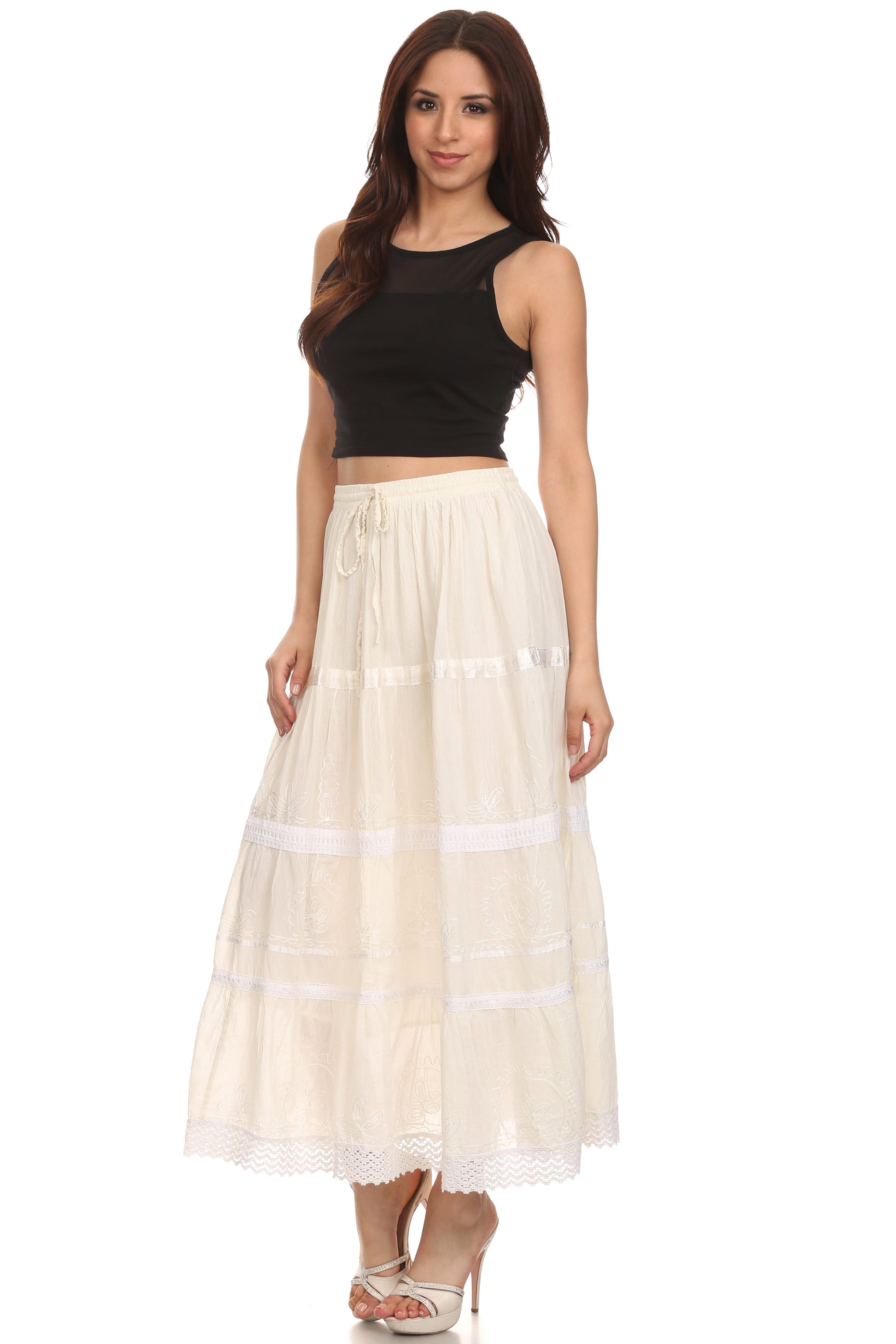 Sakkas Solid Embroidered Gypsy / Bohemian Full / Maxi / Long Cotton Skirt - Concordia Style Boutique