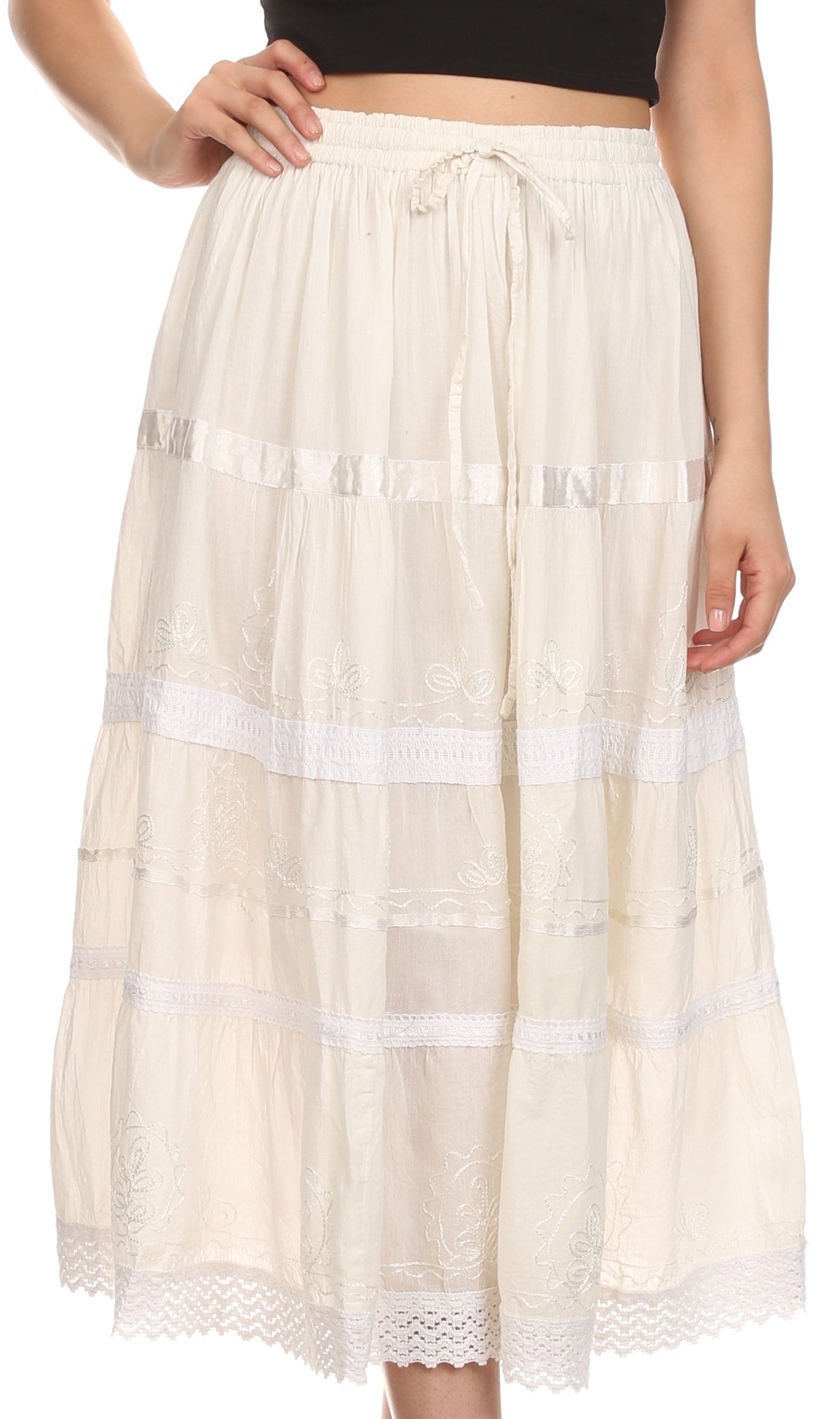 Sakkas Solid Embroidered Gypsy / Bohemian Full / Maxi / Long Cotton Skirt - Concordia Style Boutique