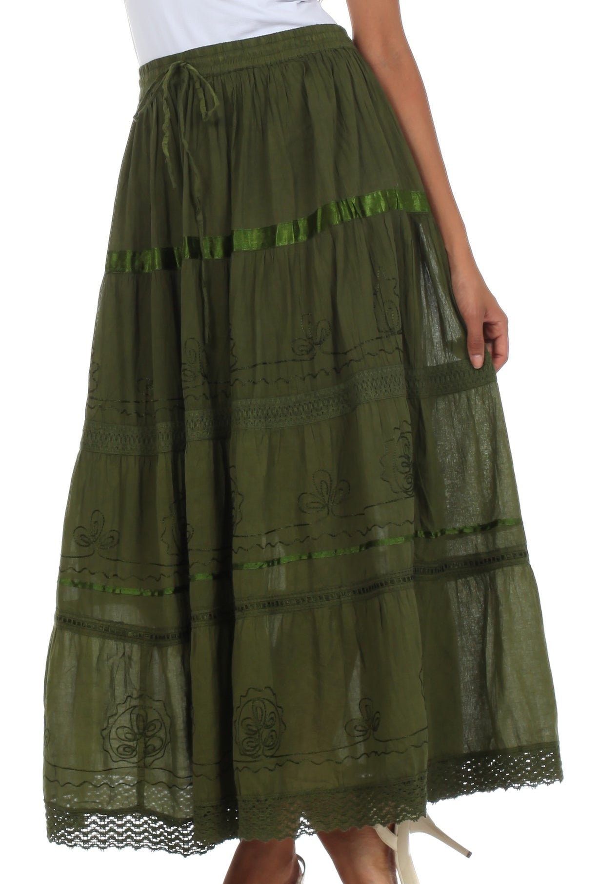 Sakkas Solid Embroidered Gypsy / Bohemian Full / Maxi / Long Cotton Skirt - Concordia Style Boutique