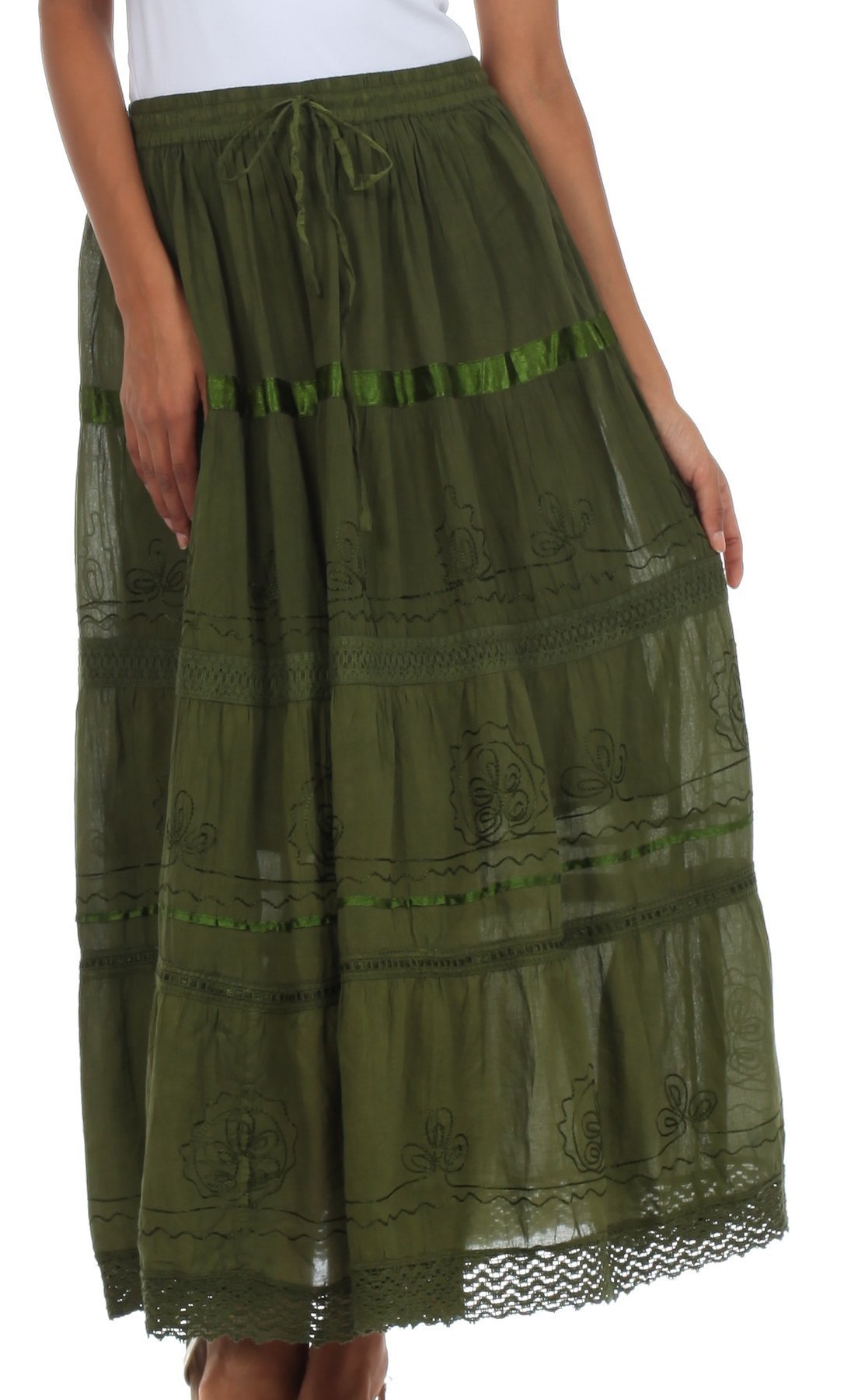 Sakkas Solid Embroidered Gypsy / Bohemian Full / Maxi / Long Cotton Skirt - Concordia Style Boutique