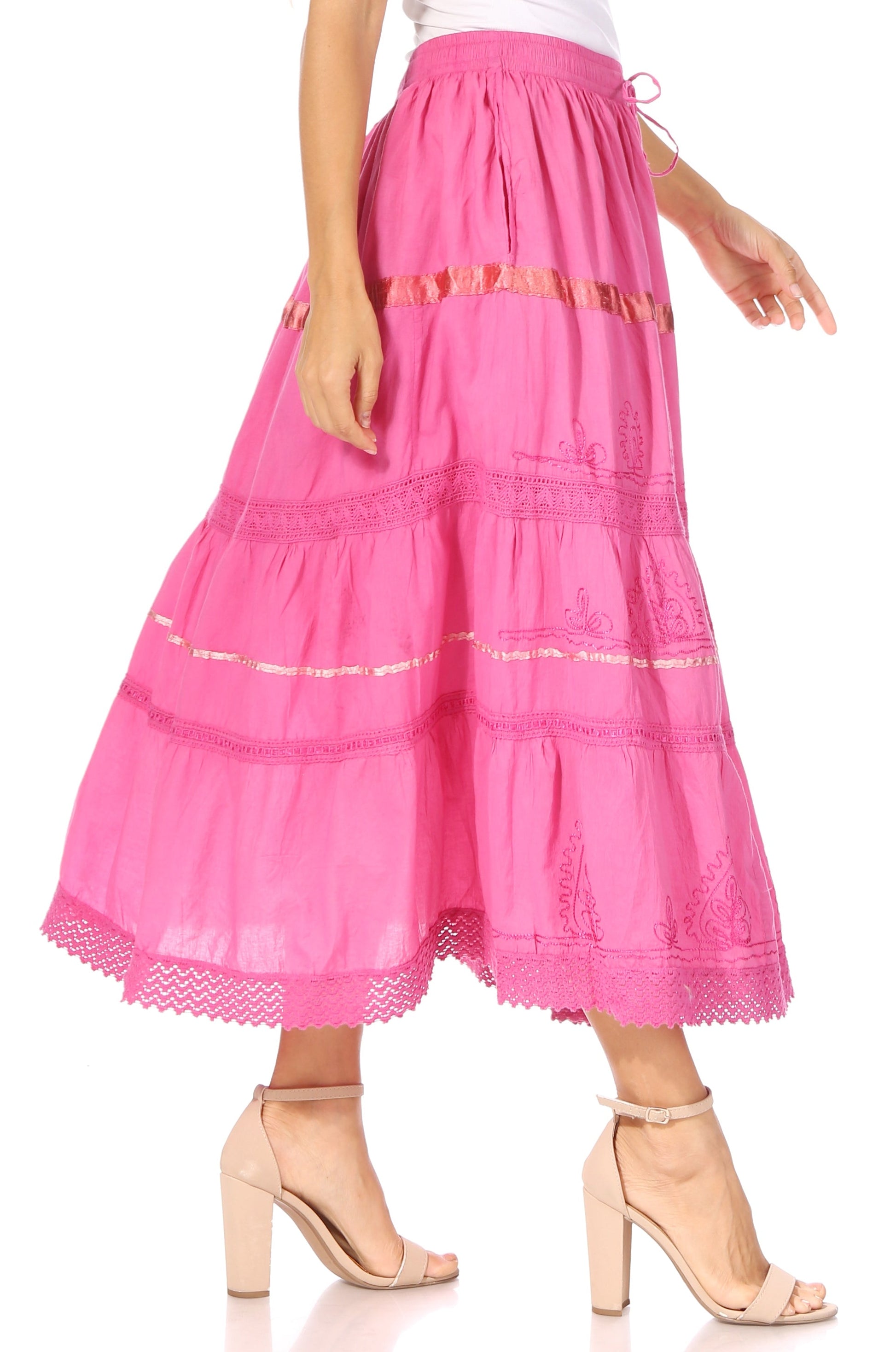 Sakkas Solid Embroidered Gypsy / Bohemian Full / Maxi / Long Cotton Skirt - Concordia Style Boutique
