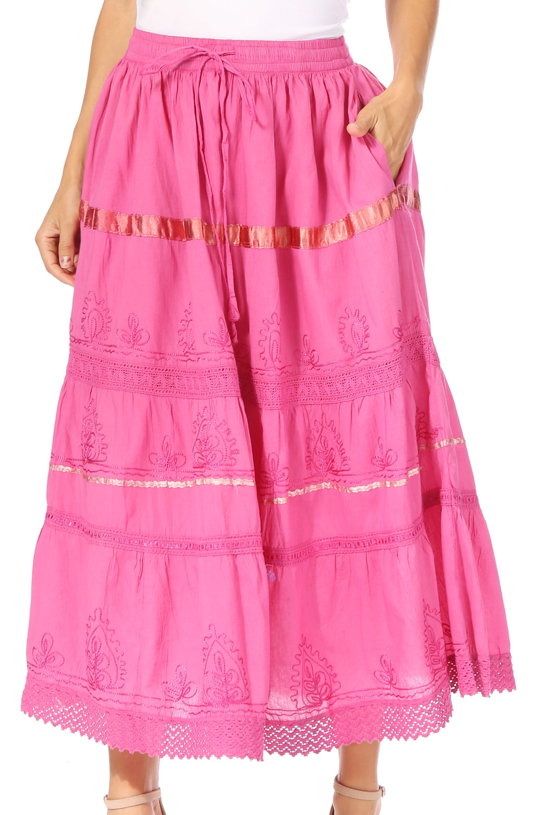 Sakkas Solid Embroidered Gypsy / Bohemian Full / Maxi / Long Cotton Skirt - Concordia Style Boutique