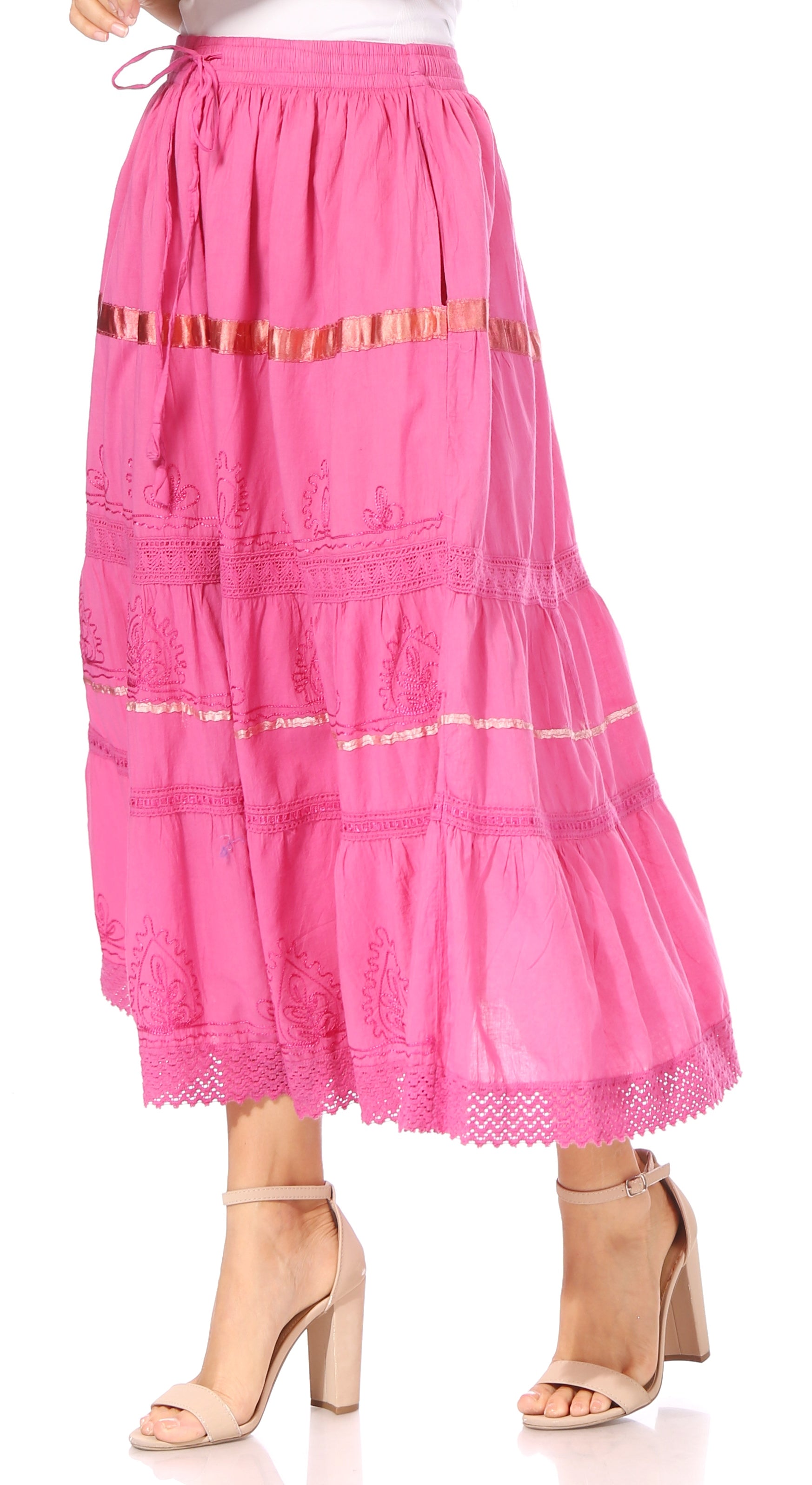 Sakkas Solid Embroidered Gypsy / Bohemian Full / Maxi / Long Cotton Skirt - Concordia Style Boutique