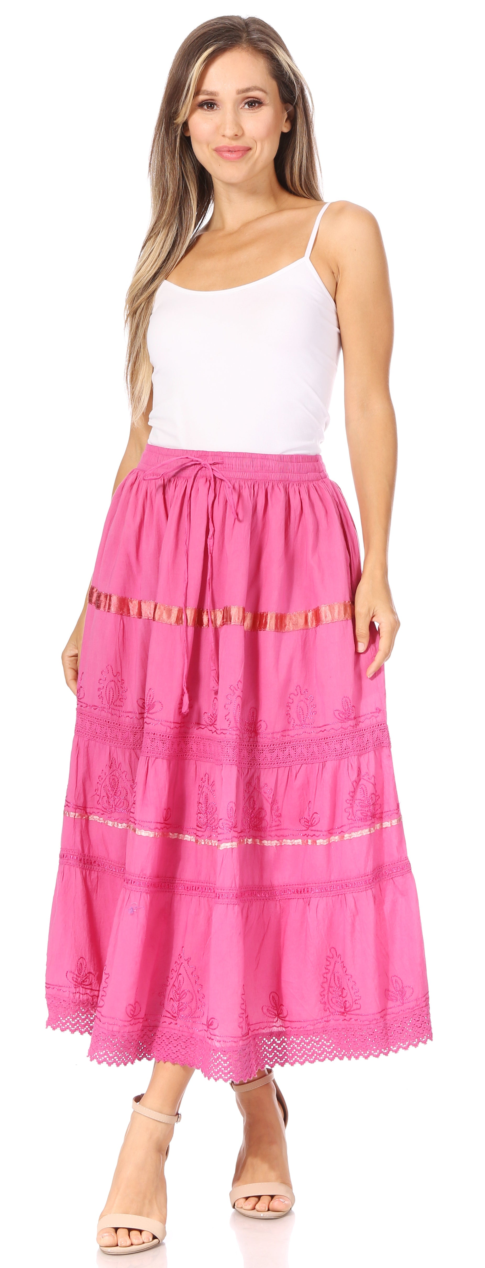 Sakkas Solid Embroidered Gypsy / Bohemian Full / Maxi / Long Cotton Skirt - Concordia Style Boutique
