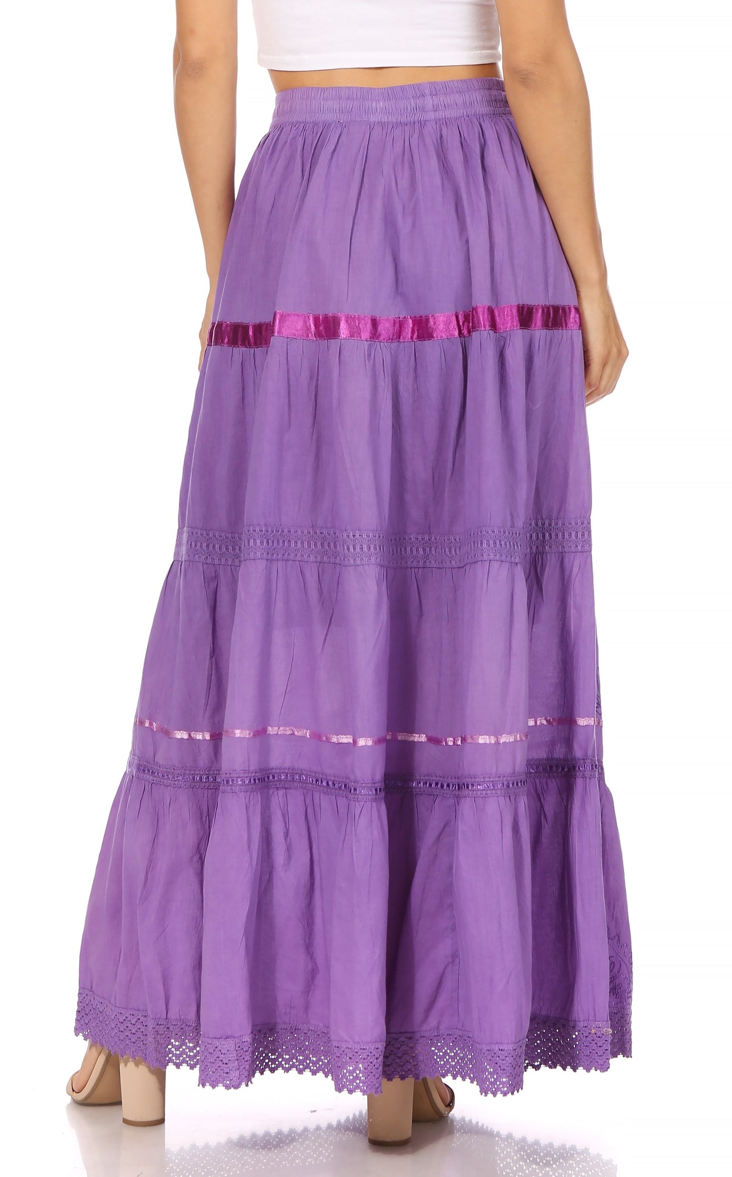 Sakkas Solid Embroidered Gypsy / Bohemian Full / Maxi / Long Cotton Skirt - Concordia Style Boutique