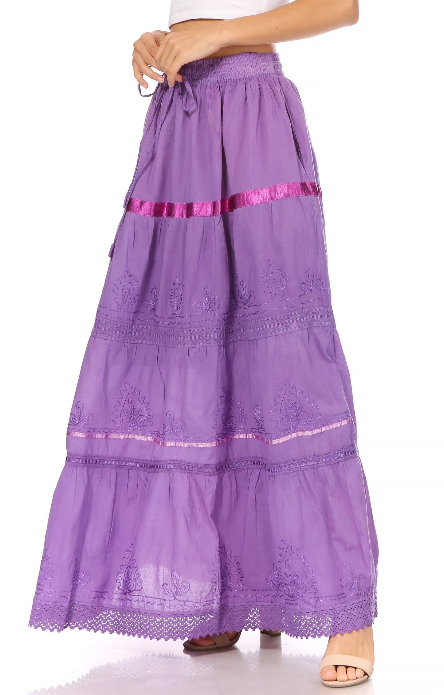 Sakkas Solid Embroidered Gypsy / Bohemian Full / Maxi / Long Cotton Skirt - Concordia Style Boutique