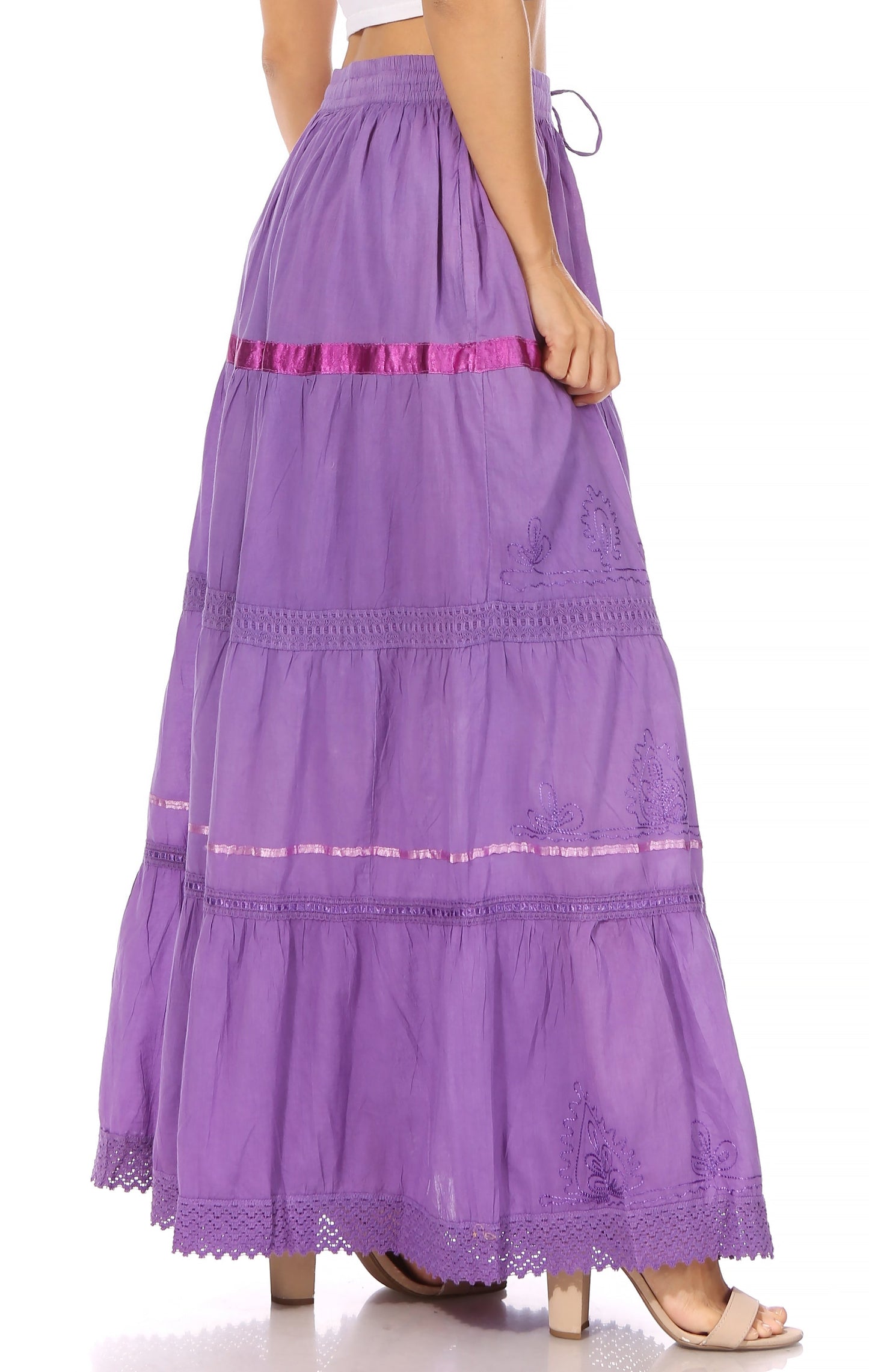 Sakkas Solid Embroidered Gypsy / Bohemian Full / Maxi / Long Cotton Skirt - Concordia Style Boutique