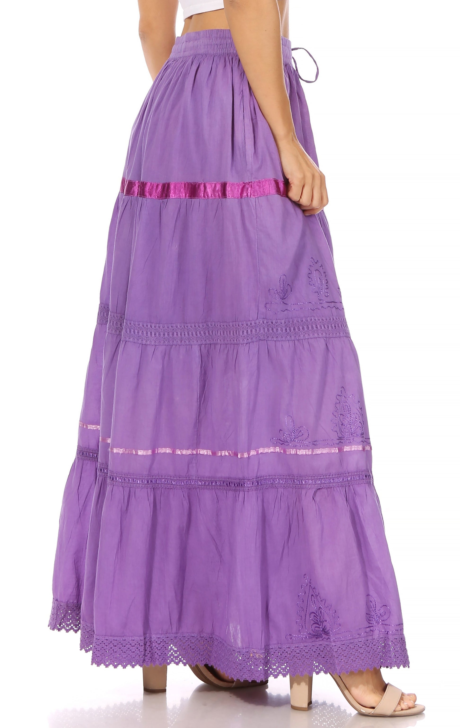 Sakkas Solid Embroidered Gypsy / Bohemian Full / Maxi / Long Cotton Skirt - Concordia Style Boutique