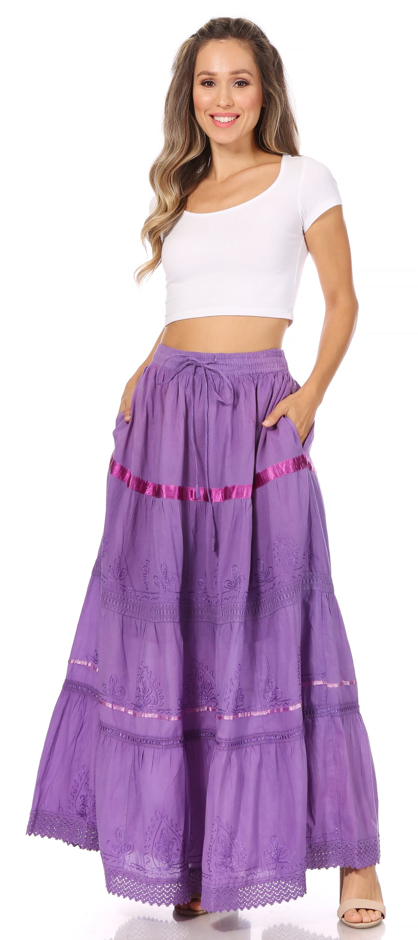 Sakkas Solid Embroidered Gypsy / Bohemian Full / Maxi / Long Cotton Skirt - Concordia Style Boutique