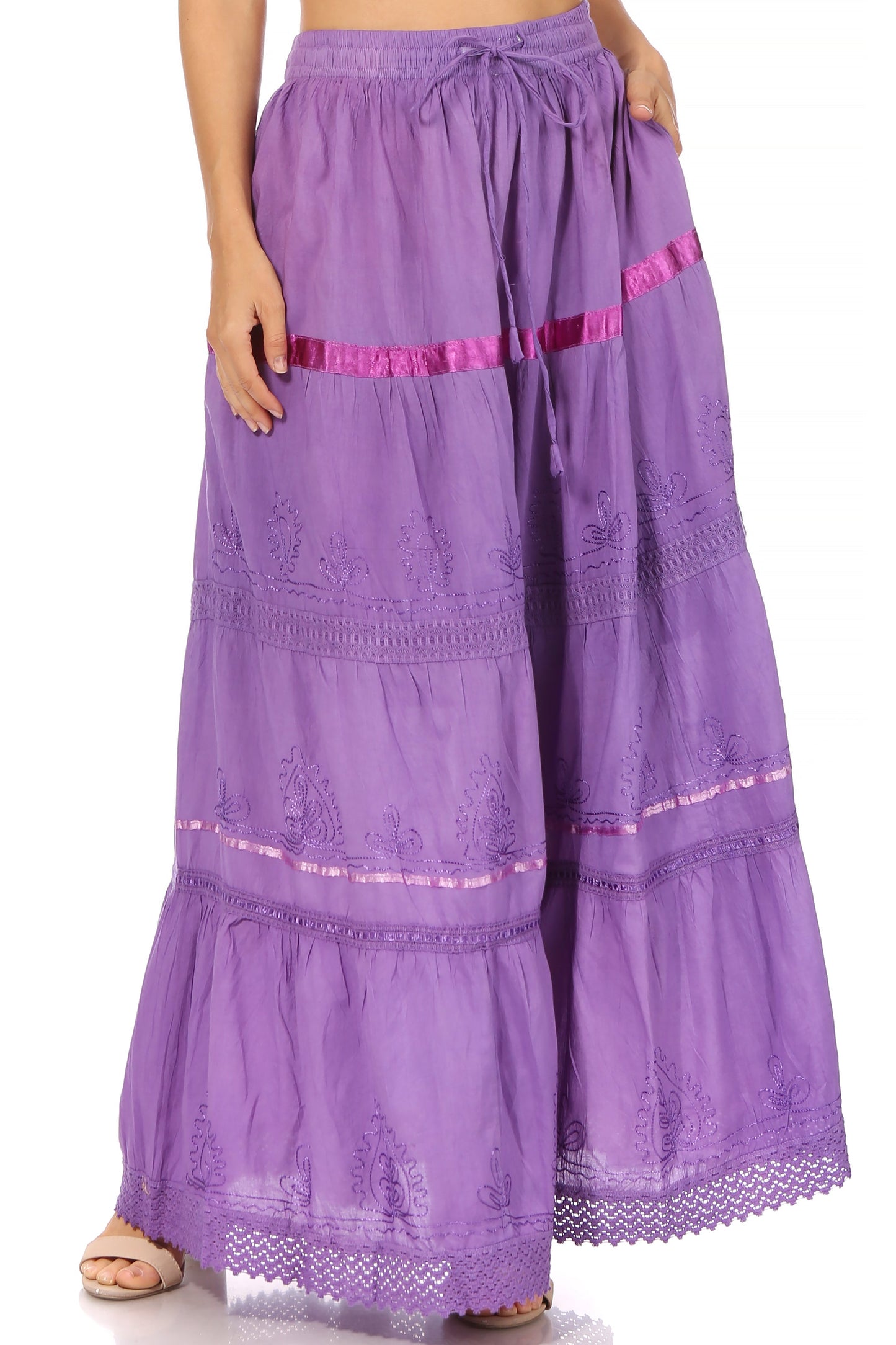 Sakkas Solid Embroidered Gypsy / Bohemian Full / Maxi / Long Cotton Skirt - Concordia Style Boutique