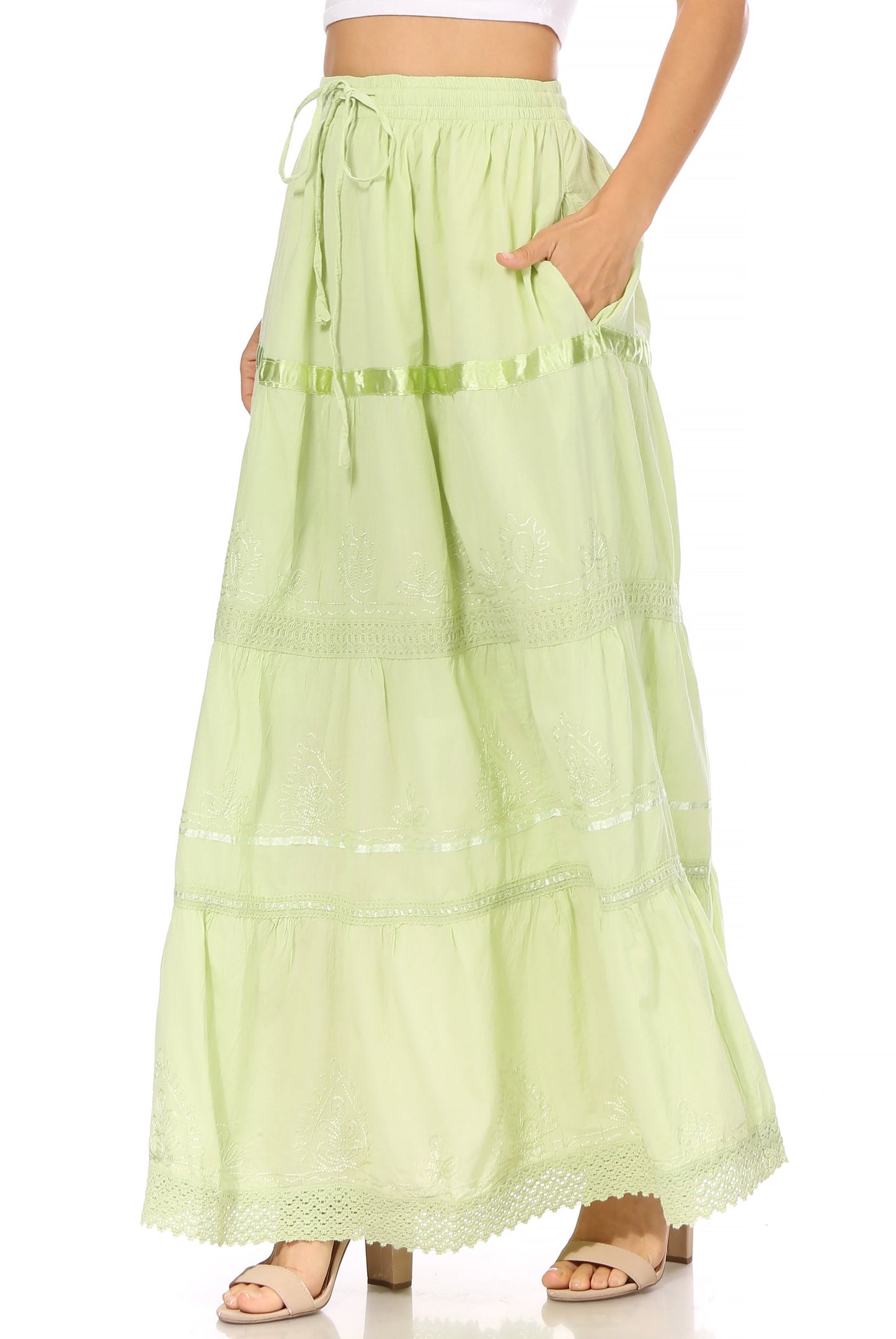 Sakkas Solid Embroidered Gypsy / Bohemian Full / Maxi / Long Cotton Skirt - Concordia Style Boutique