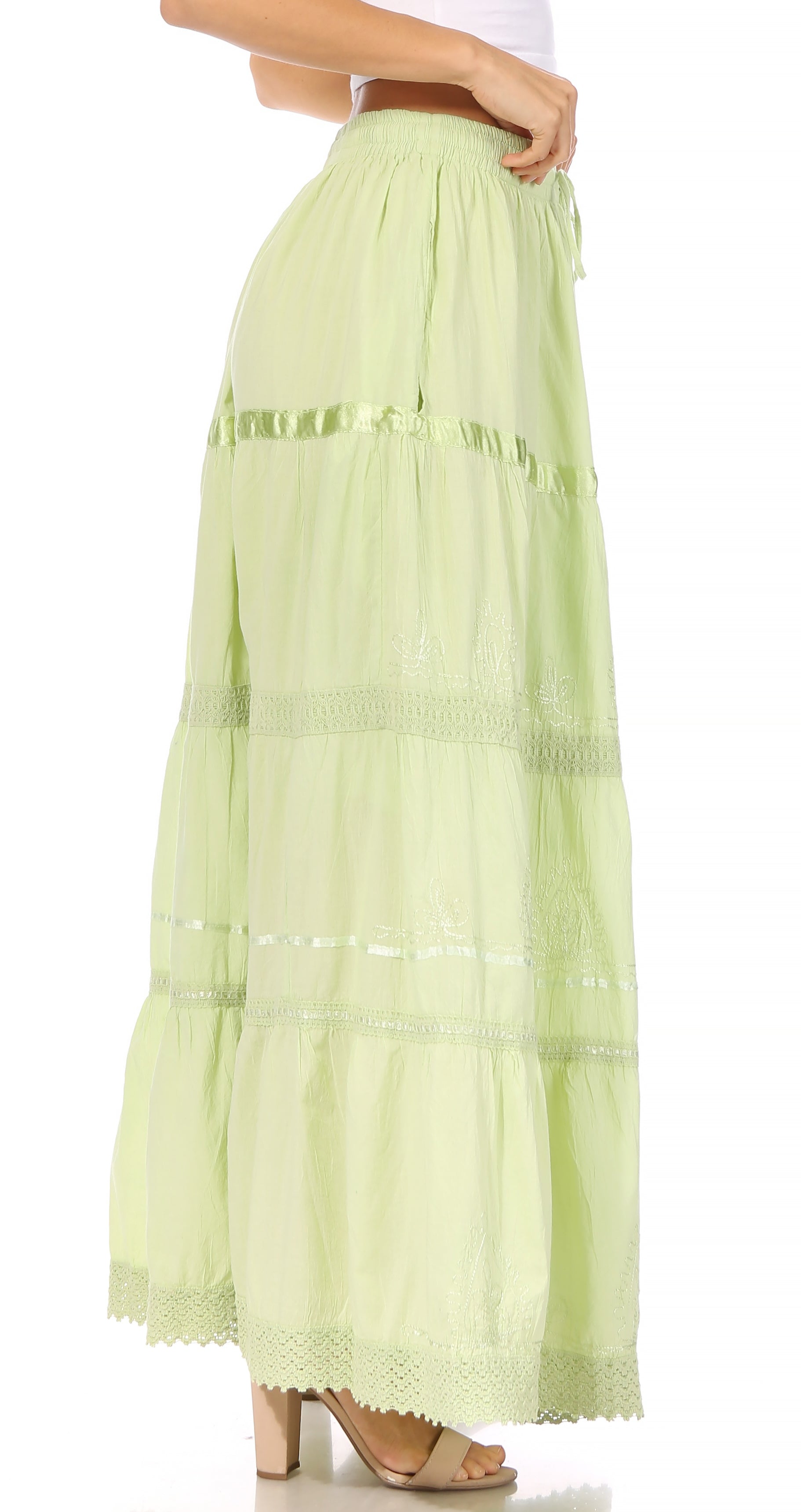 Sakkas Solid Embroidered Gypsy / Bohemian Full / Maxi / Long Cotton Skirt - Concordia Style Boutique