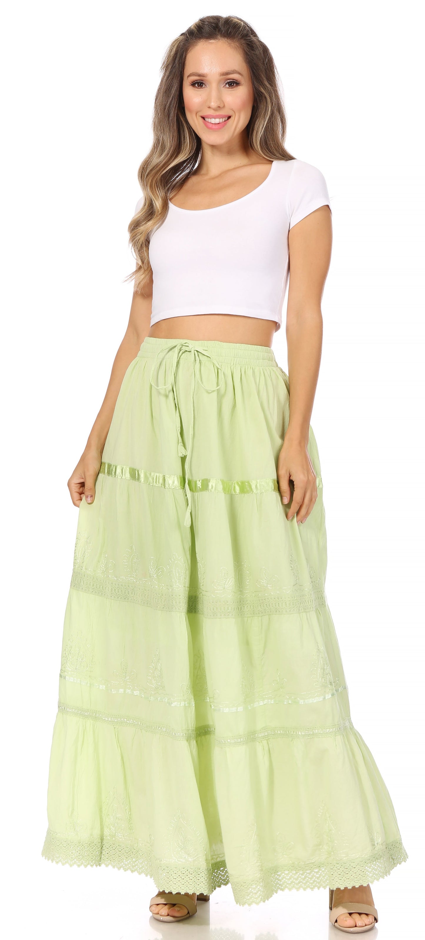 Sakkas Solid Embroidered Gypsy / Bohemian Full / Maxi / Long Cotton Skirt - Concordia Style Boutique