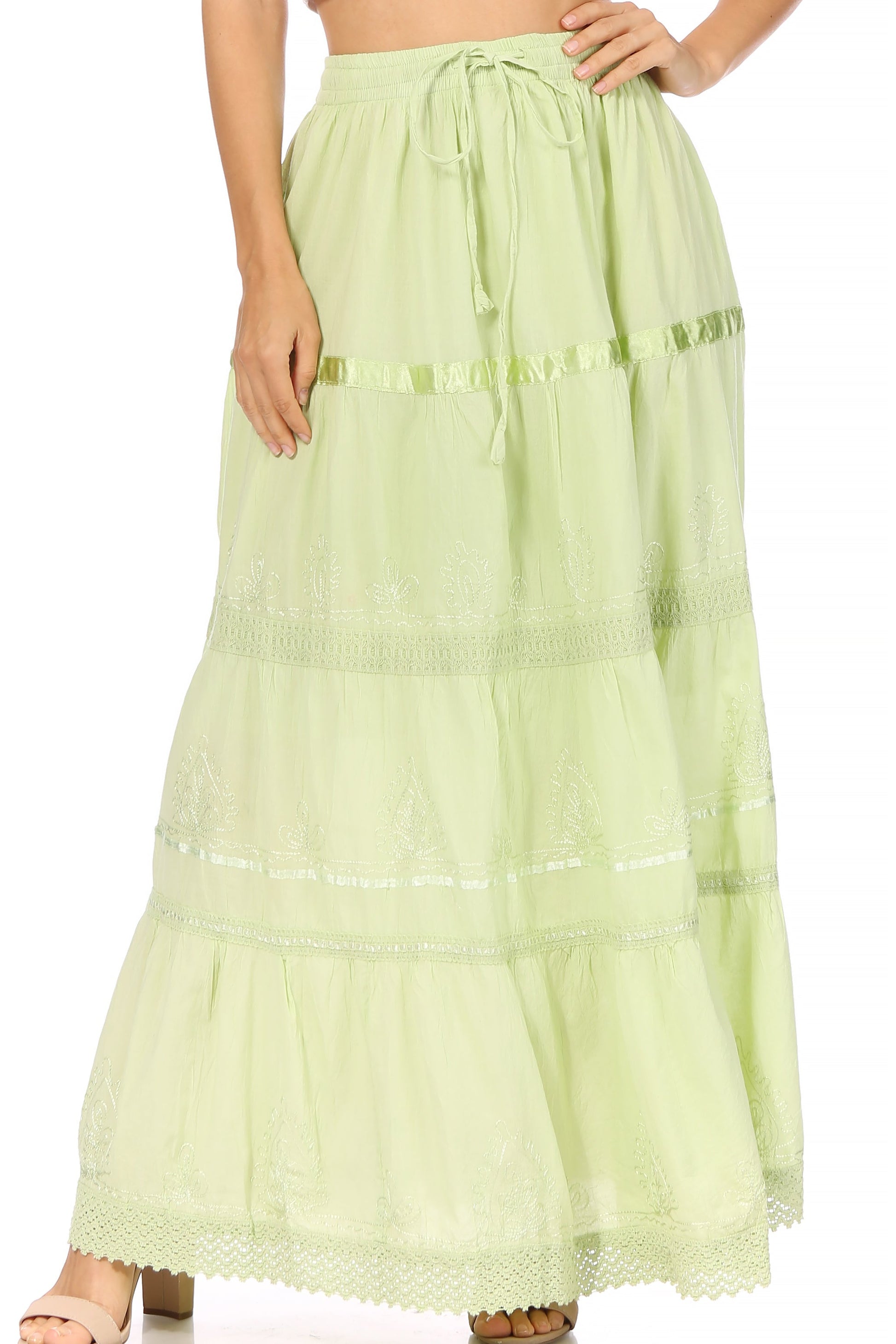 Sakkas Solid Embroidered Gypsy / Bohemian Full / Maxi / Long Cotton Skirt - Concordia Style Boutique