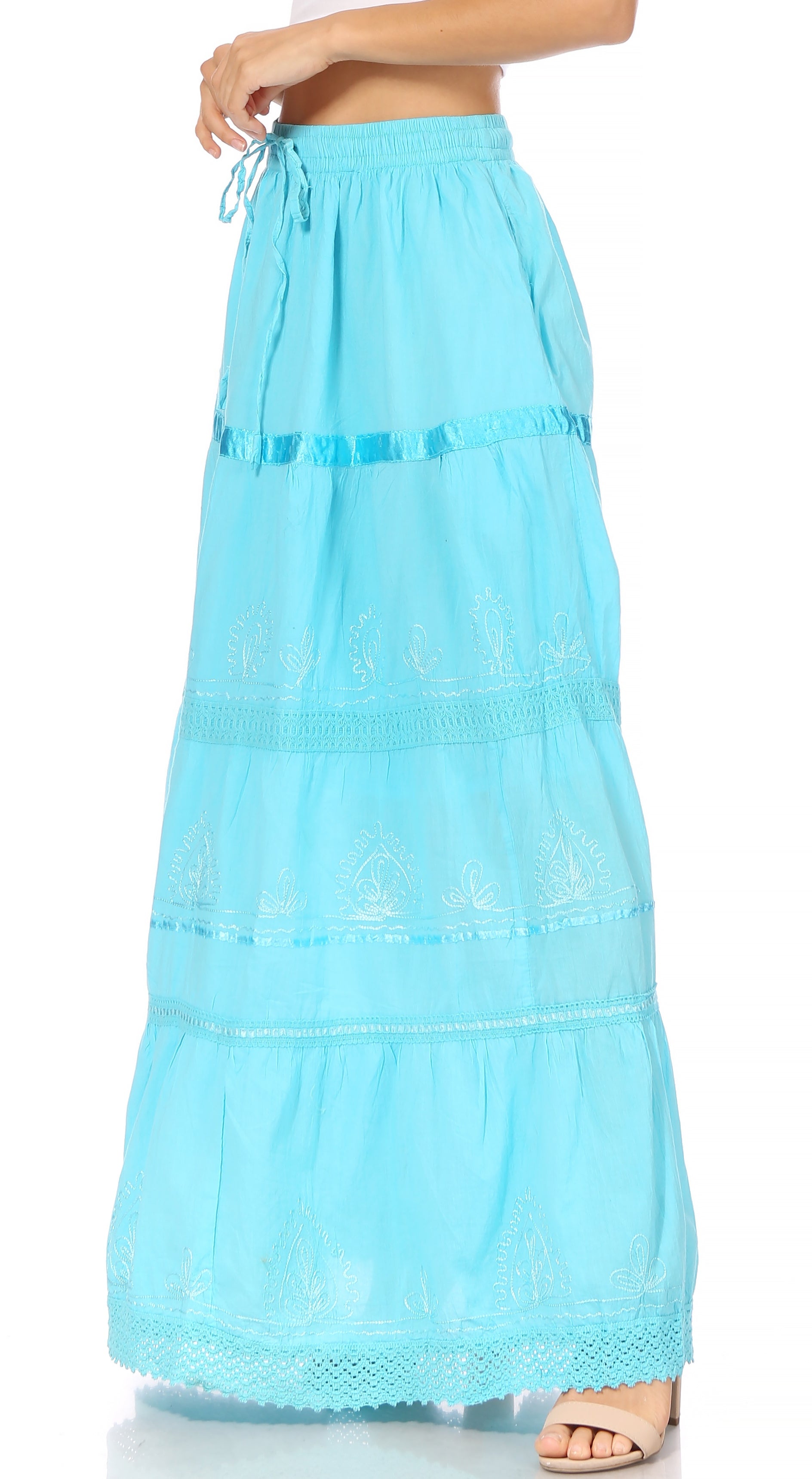 Sakkas Solid Embroidered Gypsy / Bohemian Full / Maxi / Long Cotton Skirt - Concordia Style Boutique