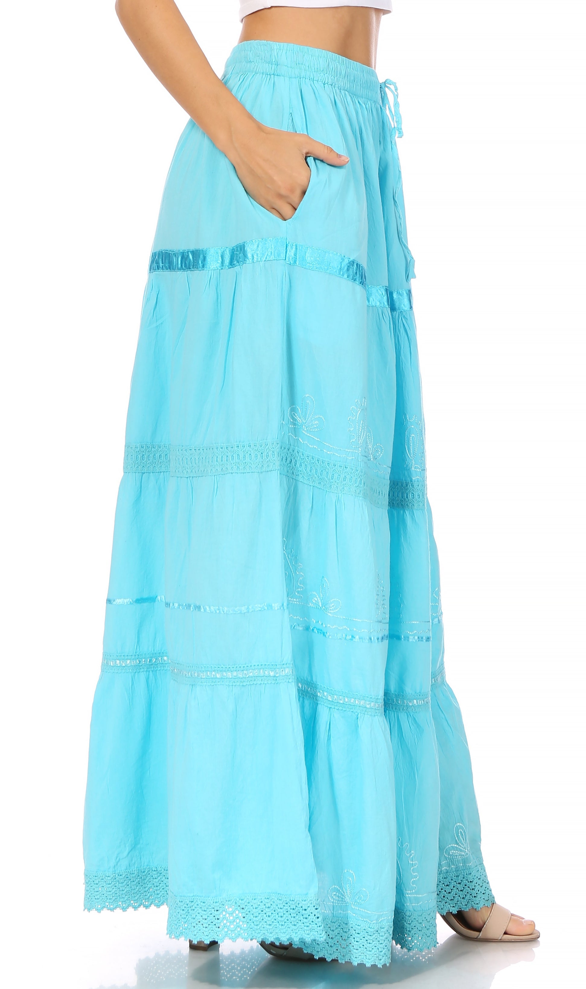 Sakkas Solid Embroidered Gypsy / Bohemian Full / Maxi / Long Cotton Skirt - Concordia Style Boutique