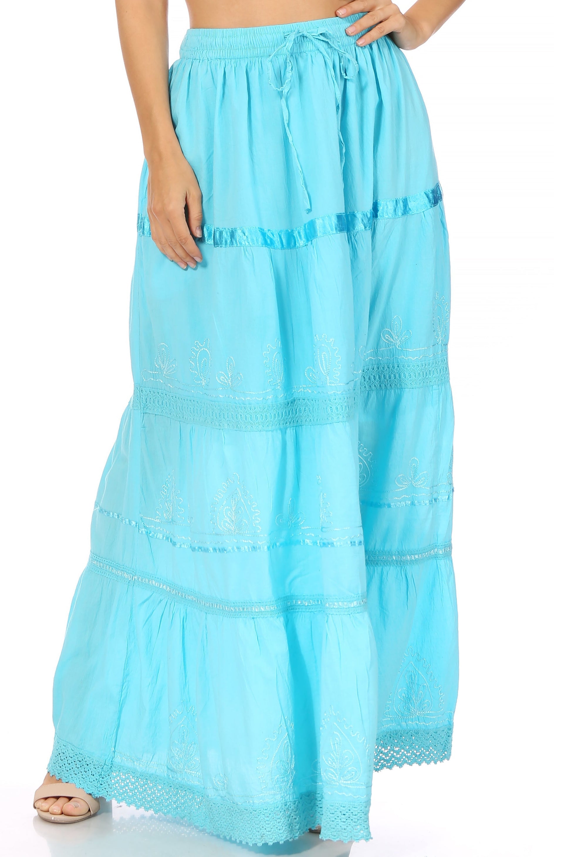 Sakkas Solid Embroidered Gypsy / Bohemian Full / Maxi / Long Cotton Skirt - Concordia Style Boutique