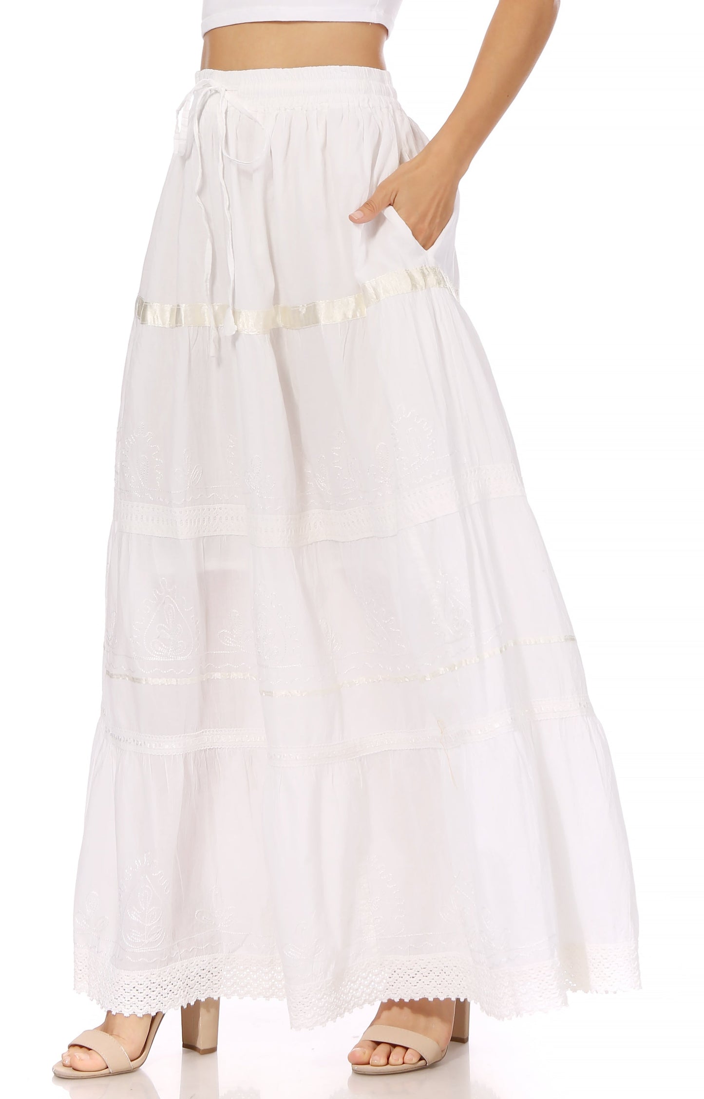 Sakkas Solid Embroidered Gypsy / Bohemian Full / Maxi / Long Cotton Skirt - Concordia Style Boutique